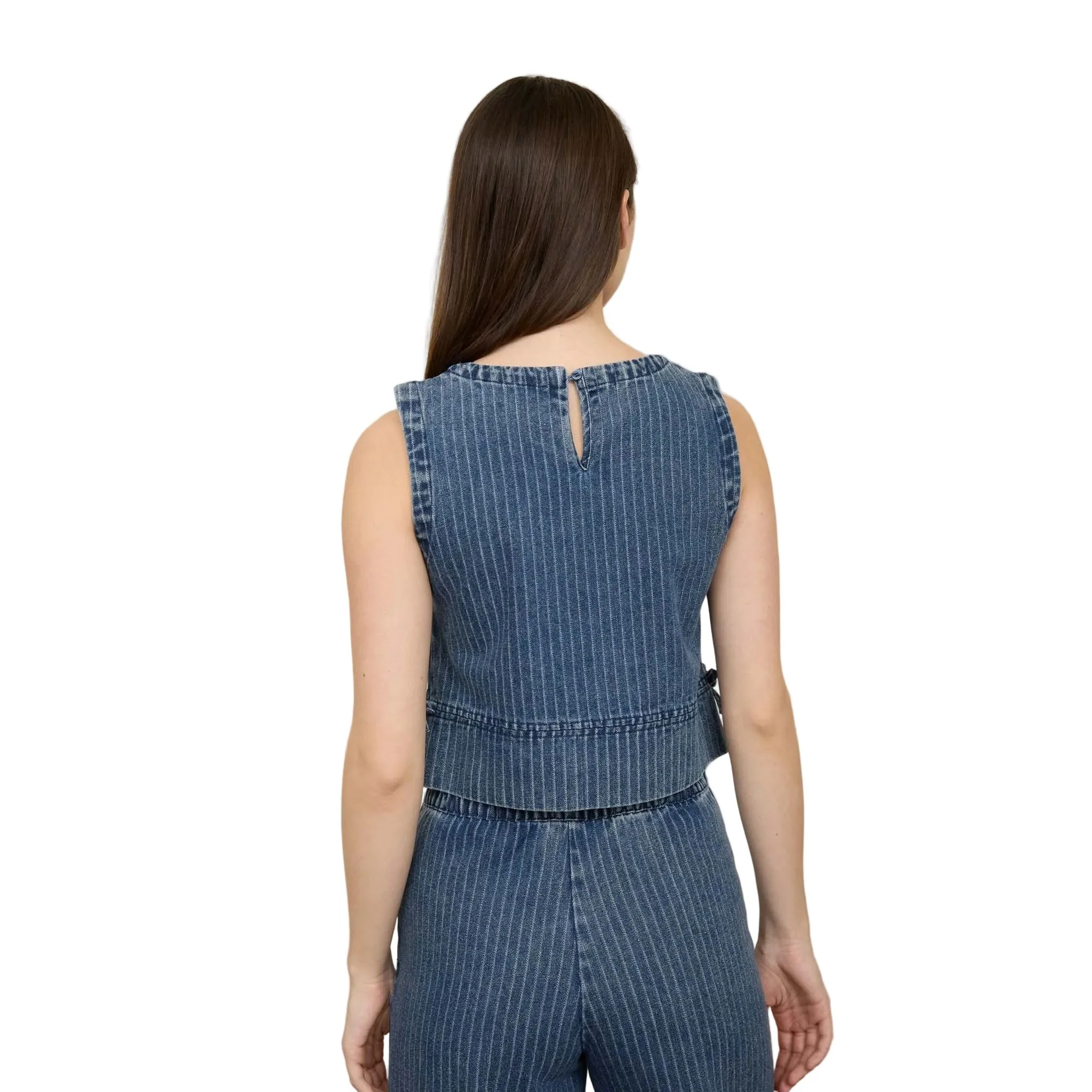 Women's Blu Pepper Striped Washed Denim Sleeveless Side Tie Crop Top - Image 2