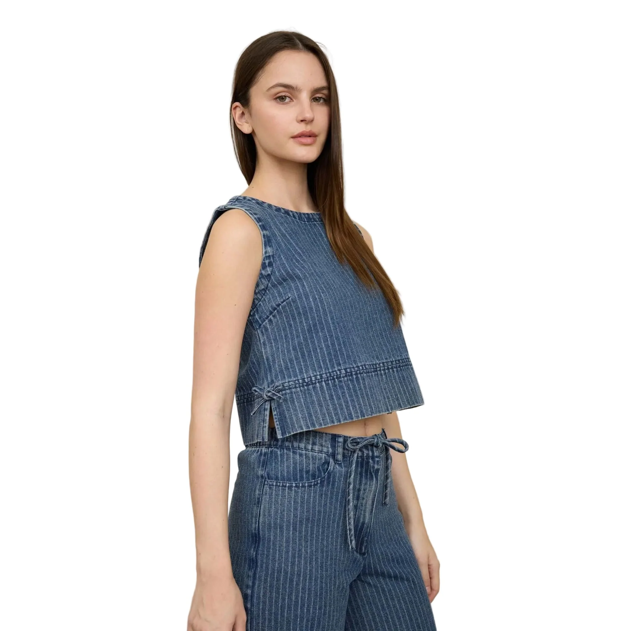 Women's Blu Pepper Striped Washed Denim Sleeveless Side Tie Crop Top - Image 3