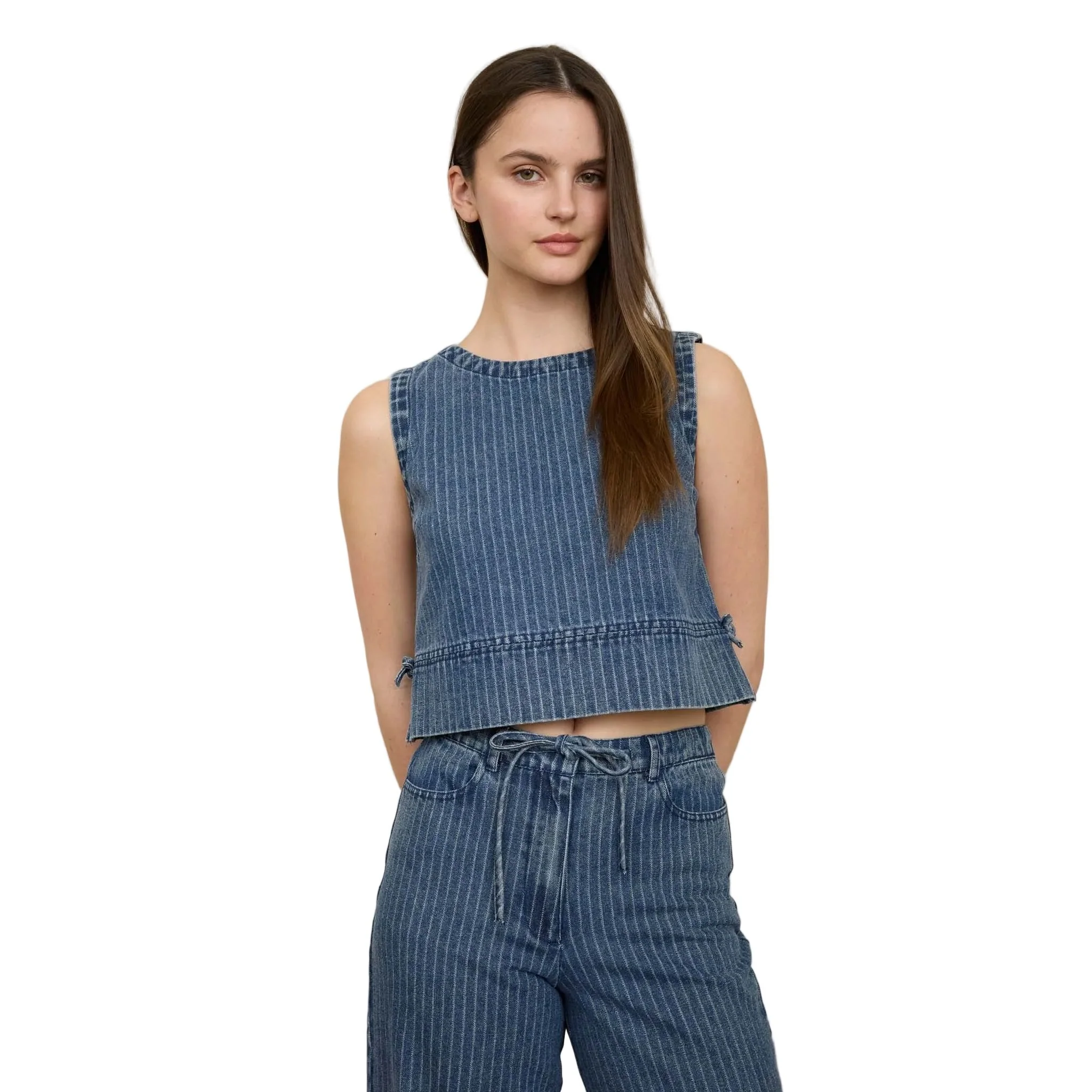 Women's Blu Pepper Striped Washed Denim Sleeveless Side Tie Crop Top - Image 4