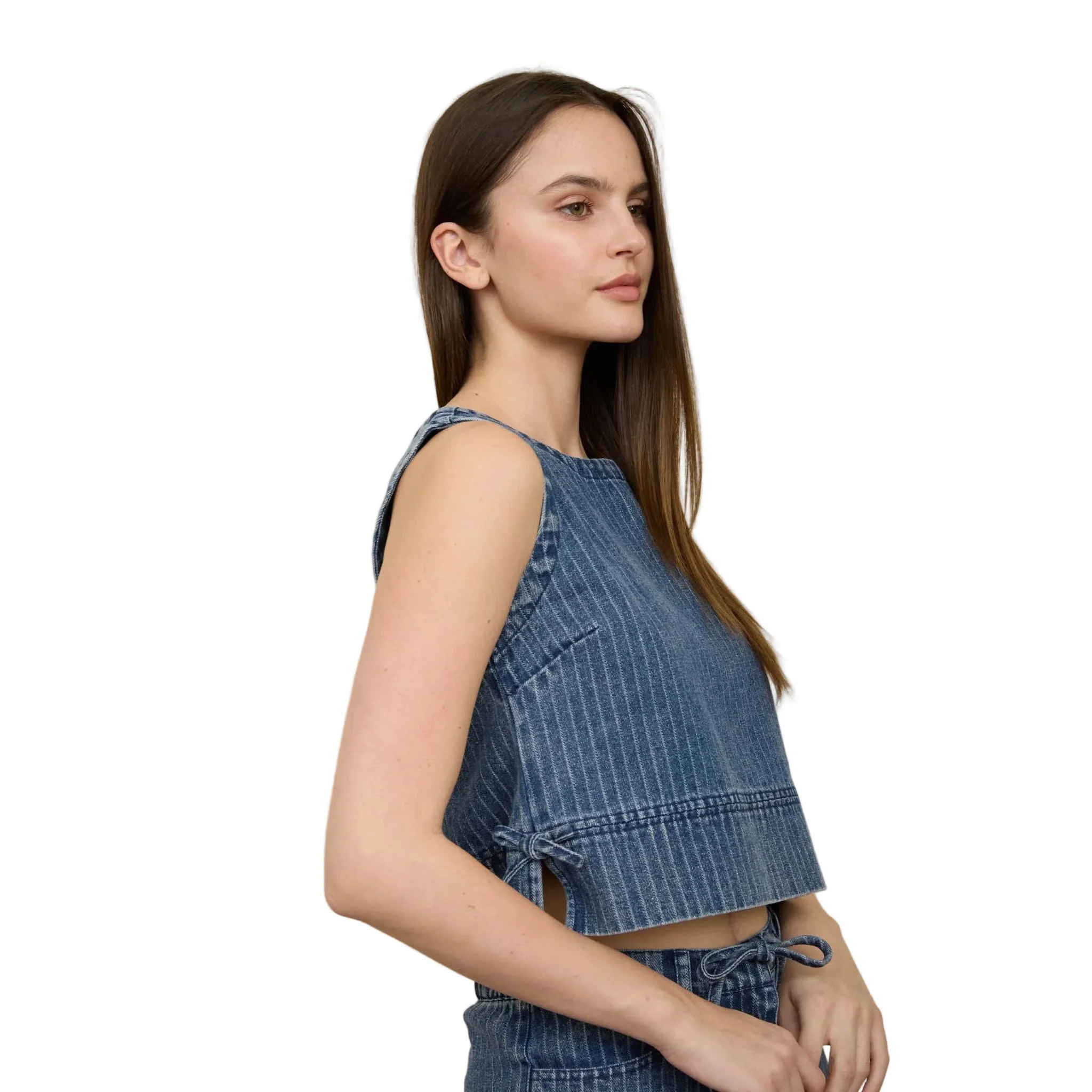 Women's Blu Pepper Striped Washed Denim Sleeveless Side Tie Crop Top - Image 5