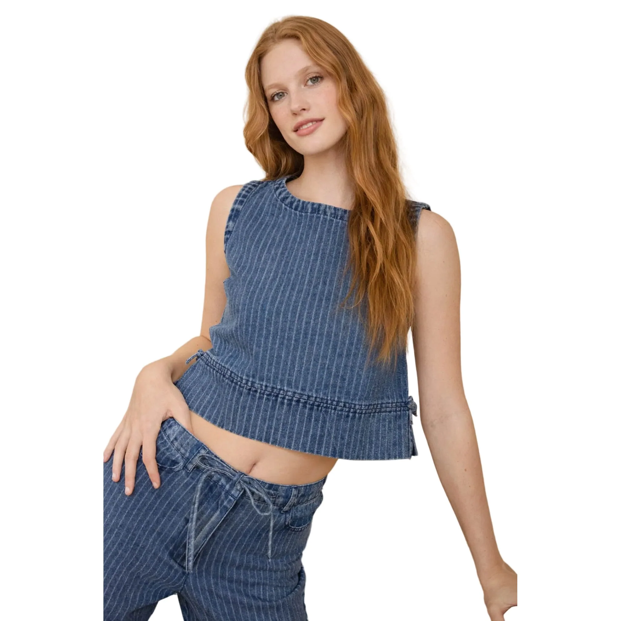 Women's Blu Pepper Striped Washed Denim Sleeveless Side Tie Crop Top - Image 6
