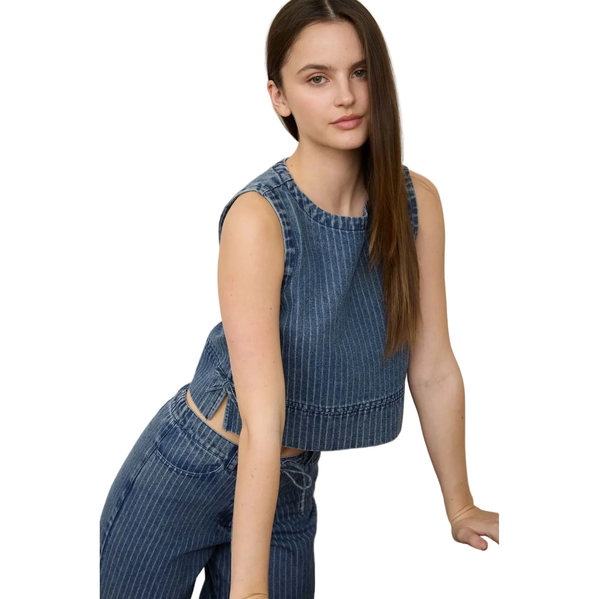 Women's Blu Pepper Striped Washed Denim Sleeveless Side Tie Crop Top - Image 7