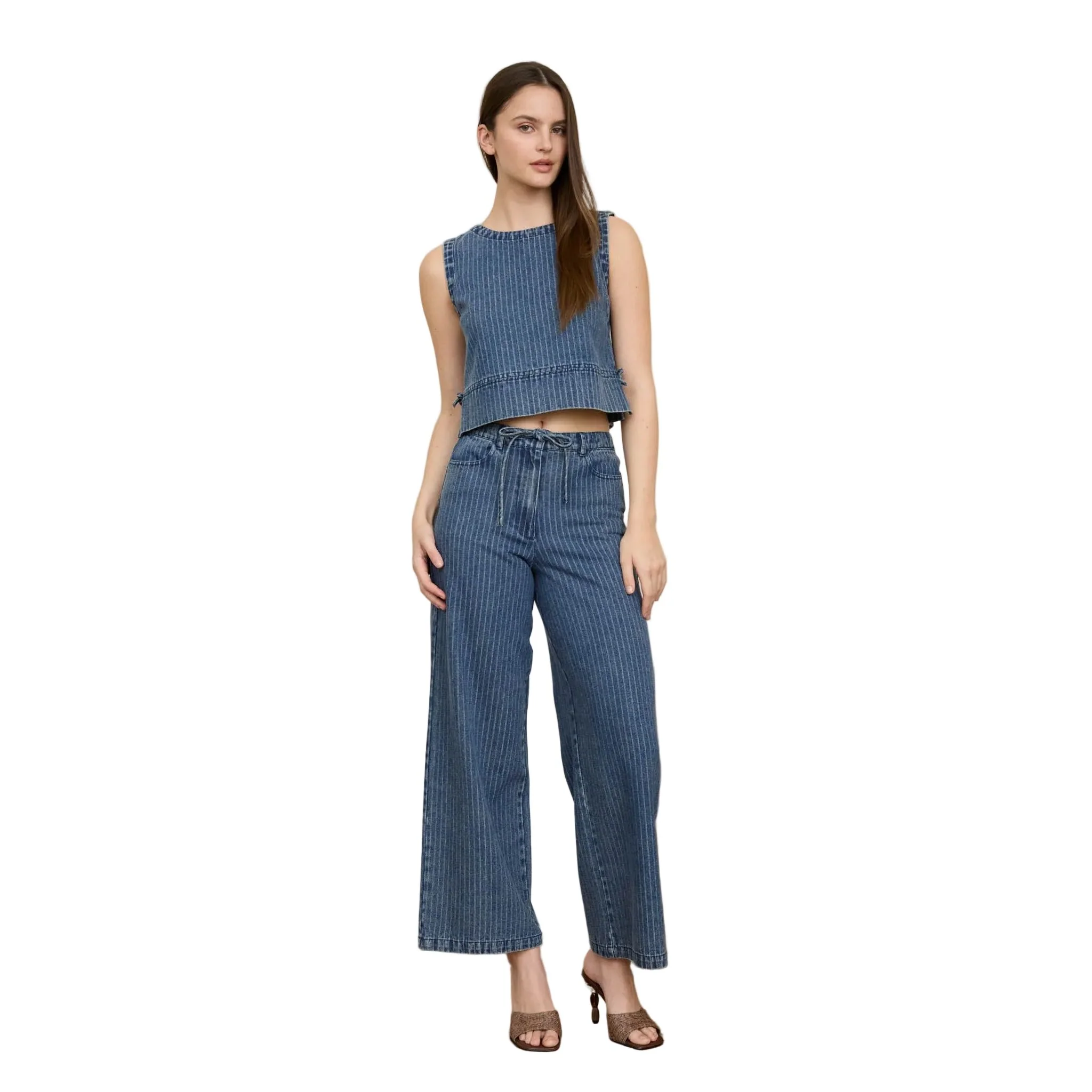 Women's Blu Pepper Striped Washed Denim Wide Leg Pants