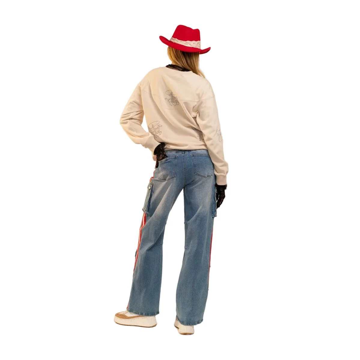 Women's Blue B Beige Western Yoke Cowboy Boots Sweatshirt - Image 3
