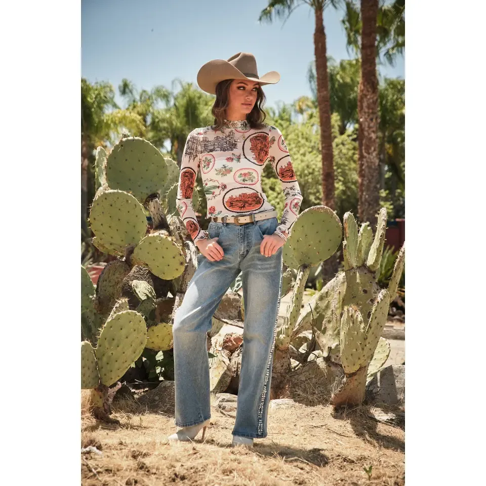 Women's Blue B Western Motif Mesh Mock Neck Long Sleeve Top - Image 3