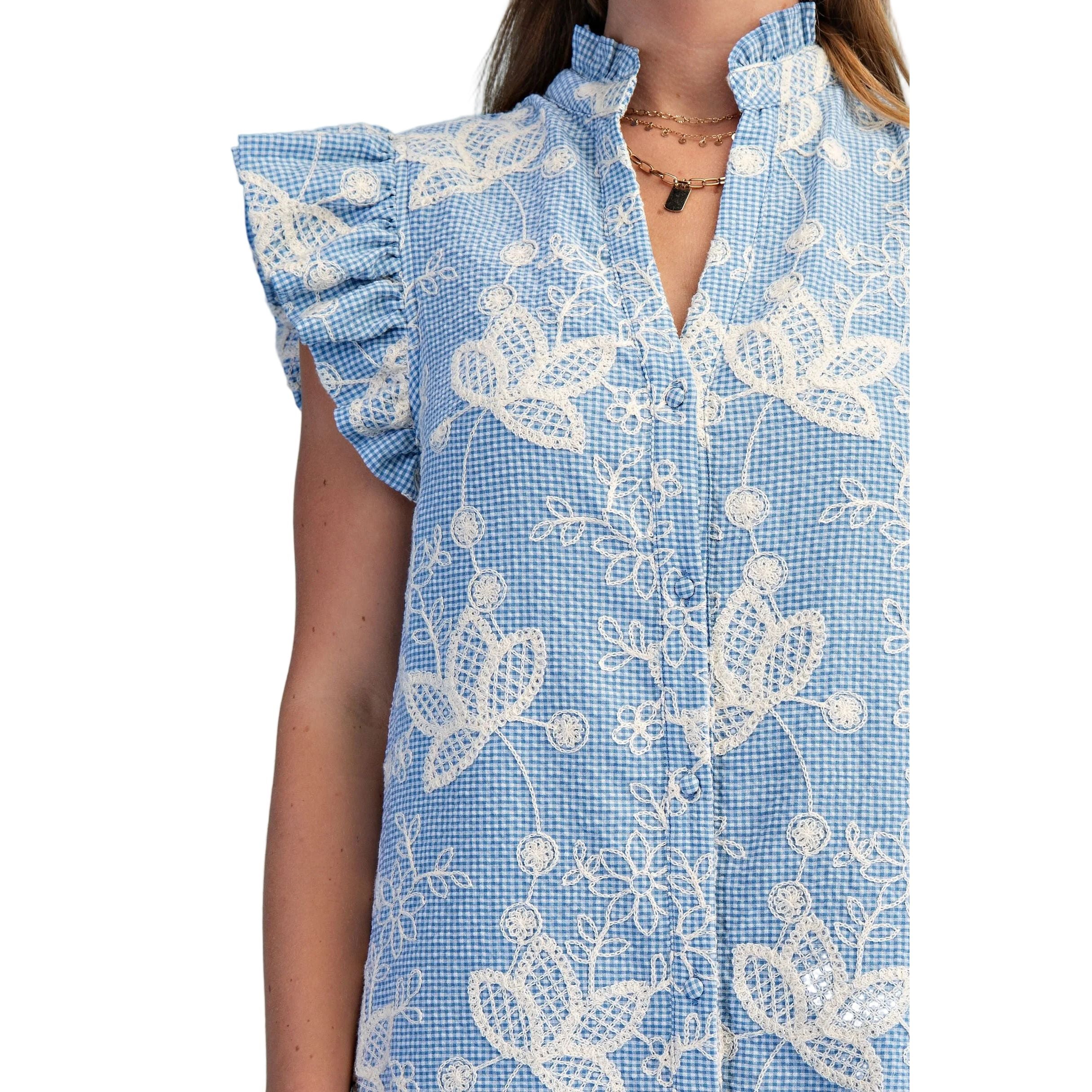 Women's Blue Floral Embroidered Gingham Print Midi Dress TE1768 - Image 2