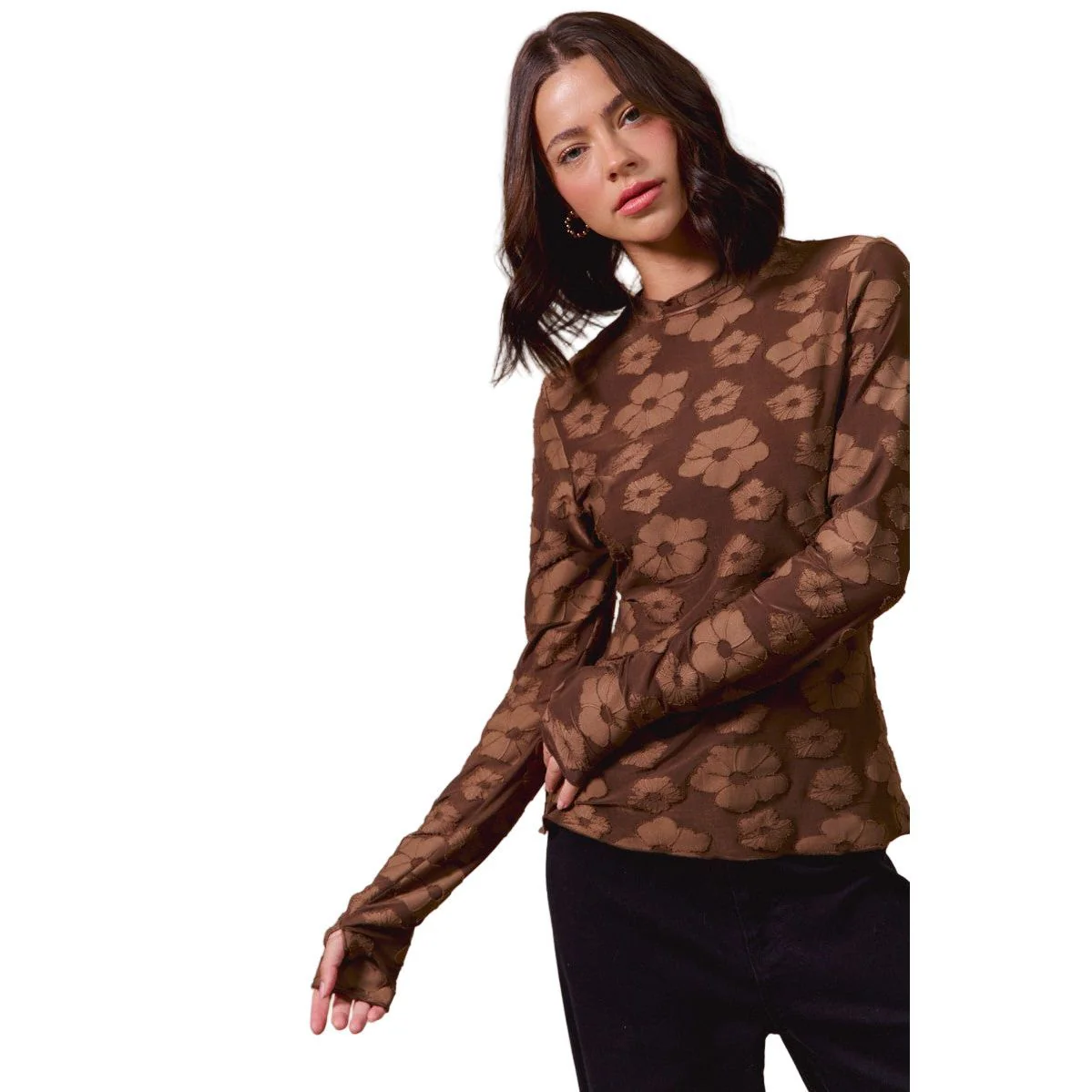 Women's Brown Floral Stretched Jacquard Top - Image 3