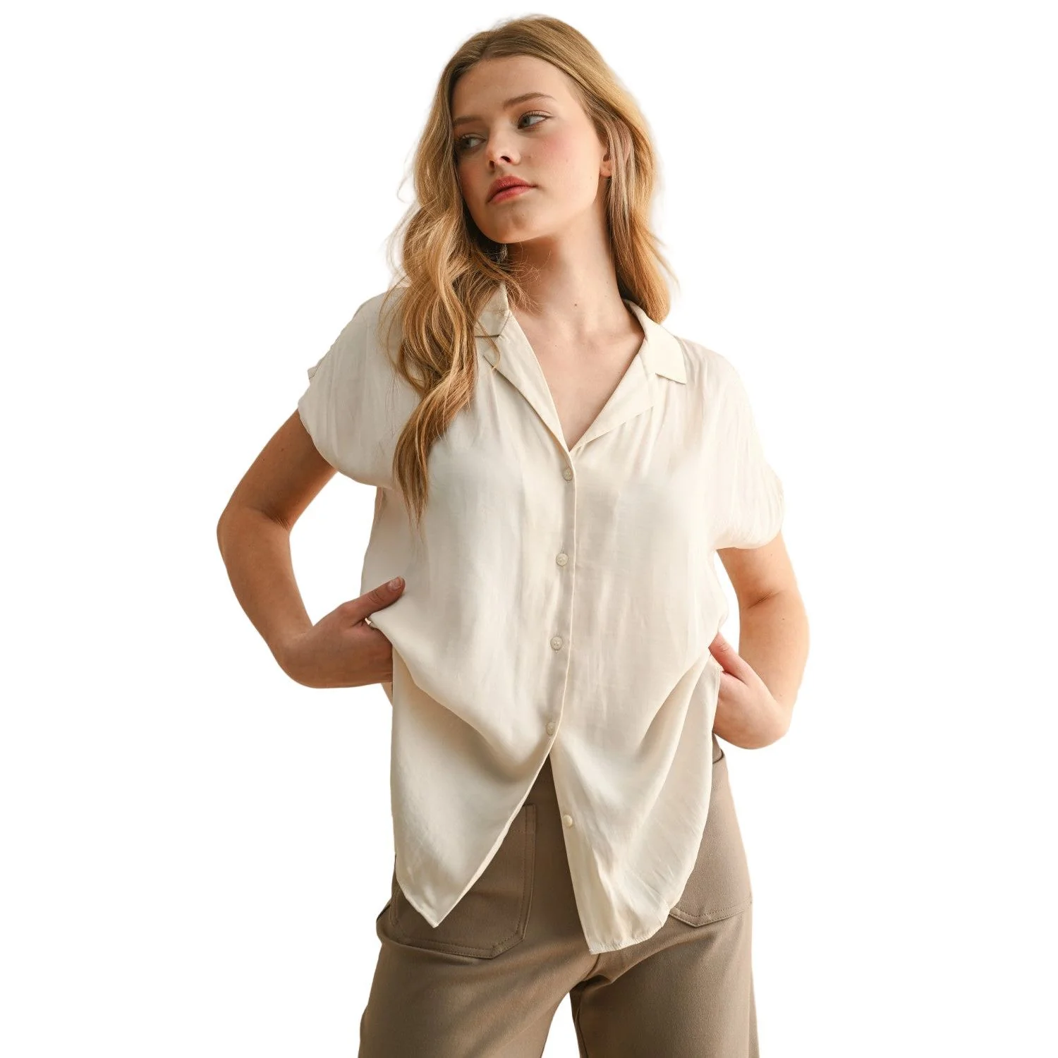Women's Button Down Cap Sleeve Shirts - Image 4