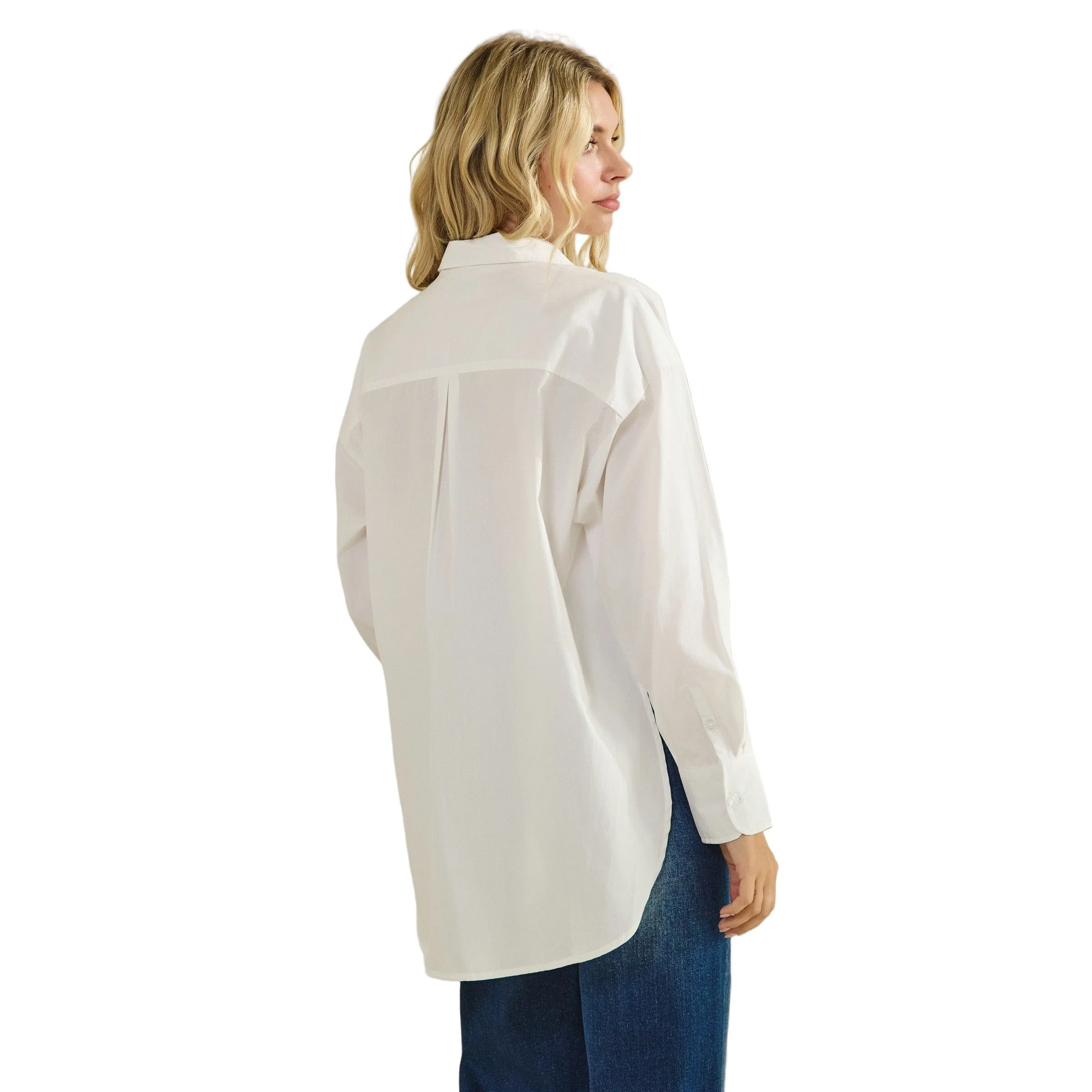 Women's Button Down High-low And Slide Slits Cotton Shirt - Image 5