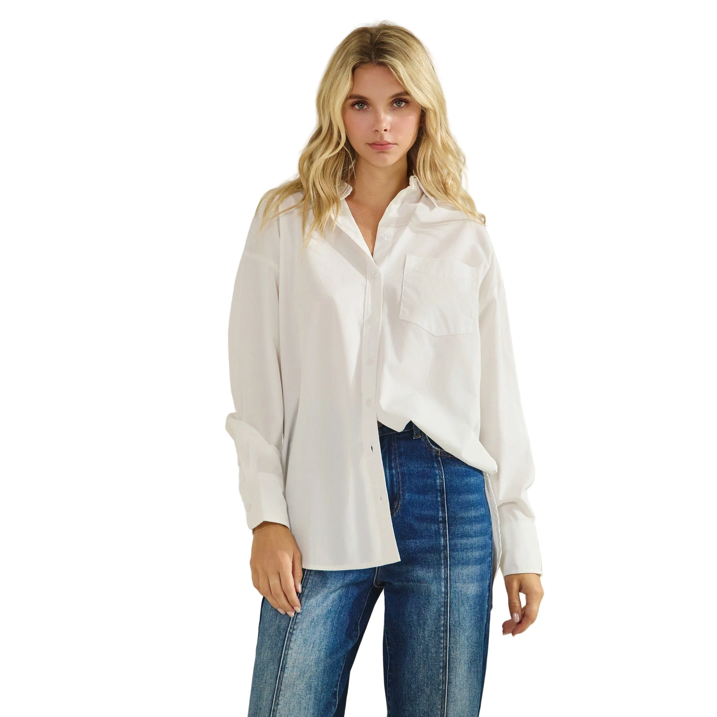 Women's Button Down High-low And Slide Slits Cotton Shirt - Image 6