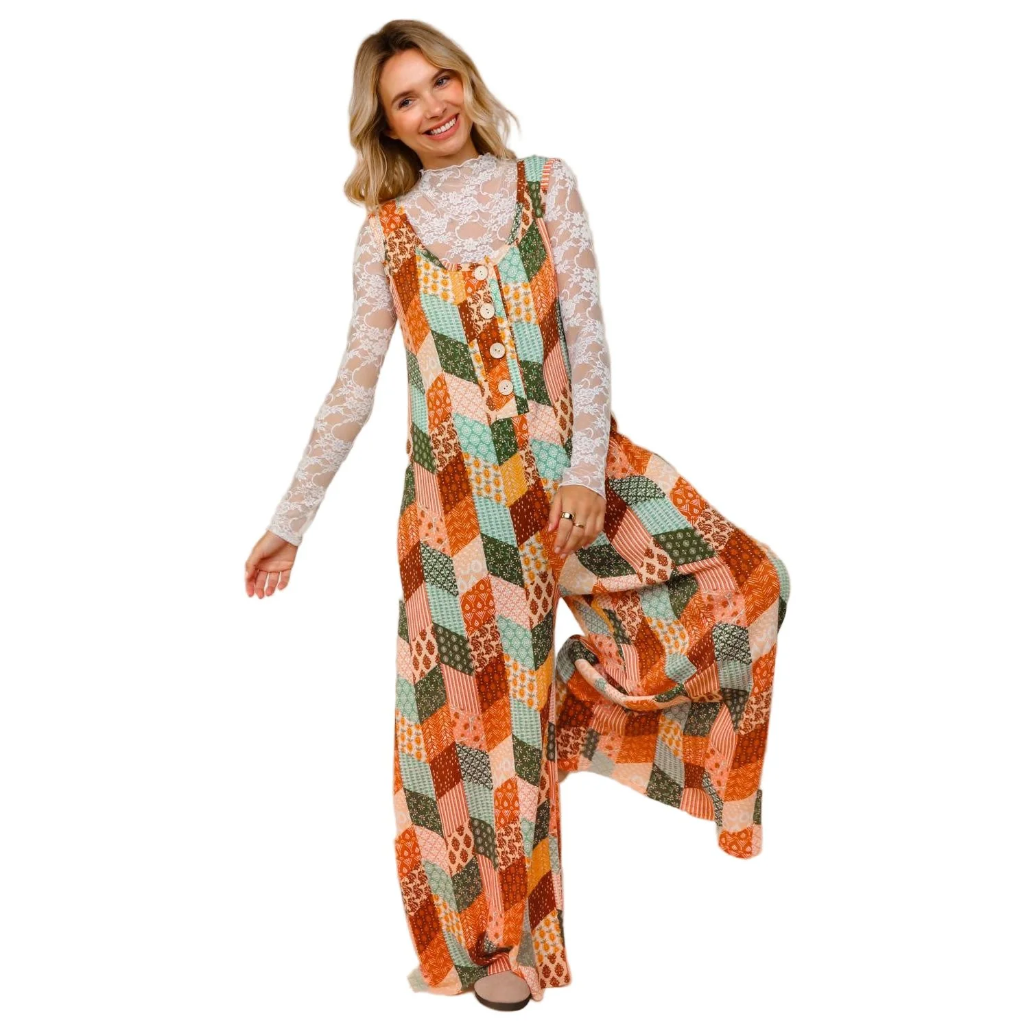 Women's Button Down Loose Jumpsuit W/ Side Pockets - Image 3
