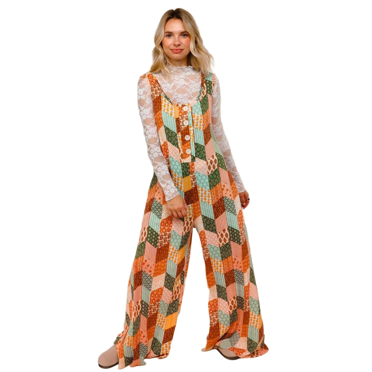 Women's Button Down Loose Jumpsuit W/ Side Pockets - Image 4