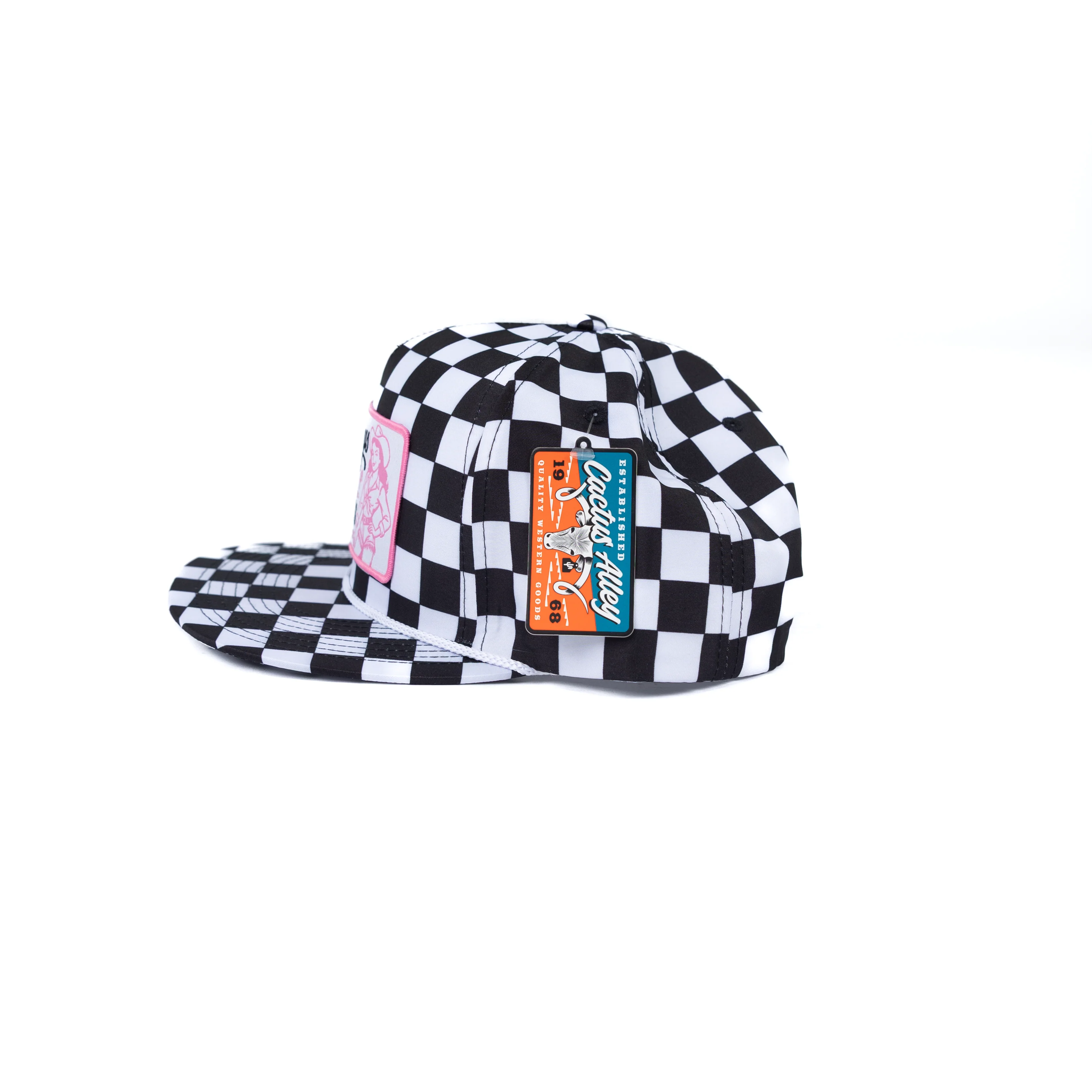 Women's Cactus Alley Checkered Flat Bill with "Cowboys Make Better Lovers" Patch - Image 2