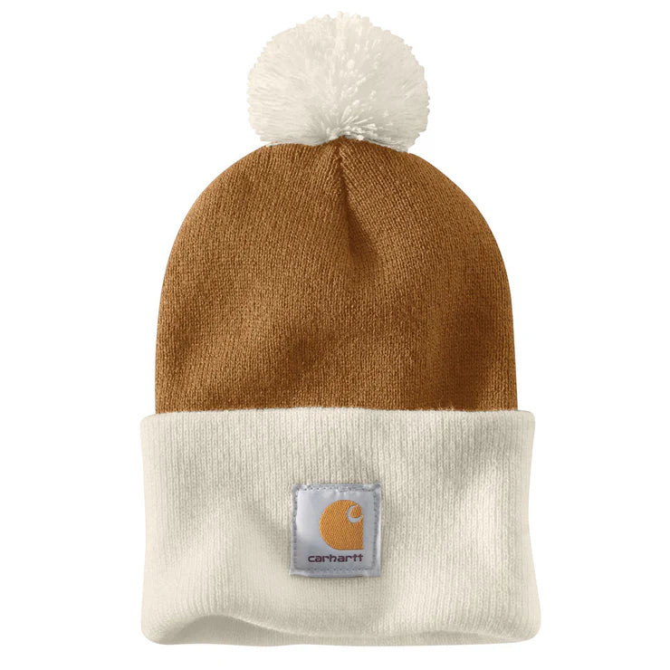 Women's Carhartt Brown and White Knit Pom Cuffed Beanie 103343-BRN
