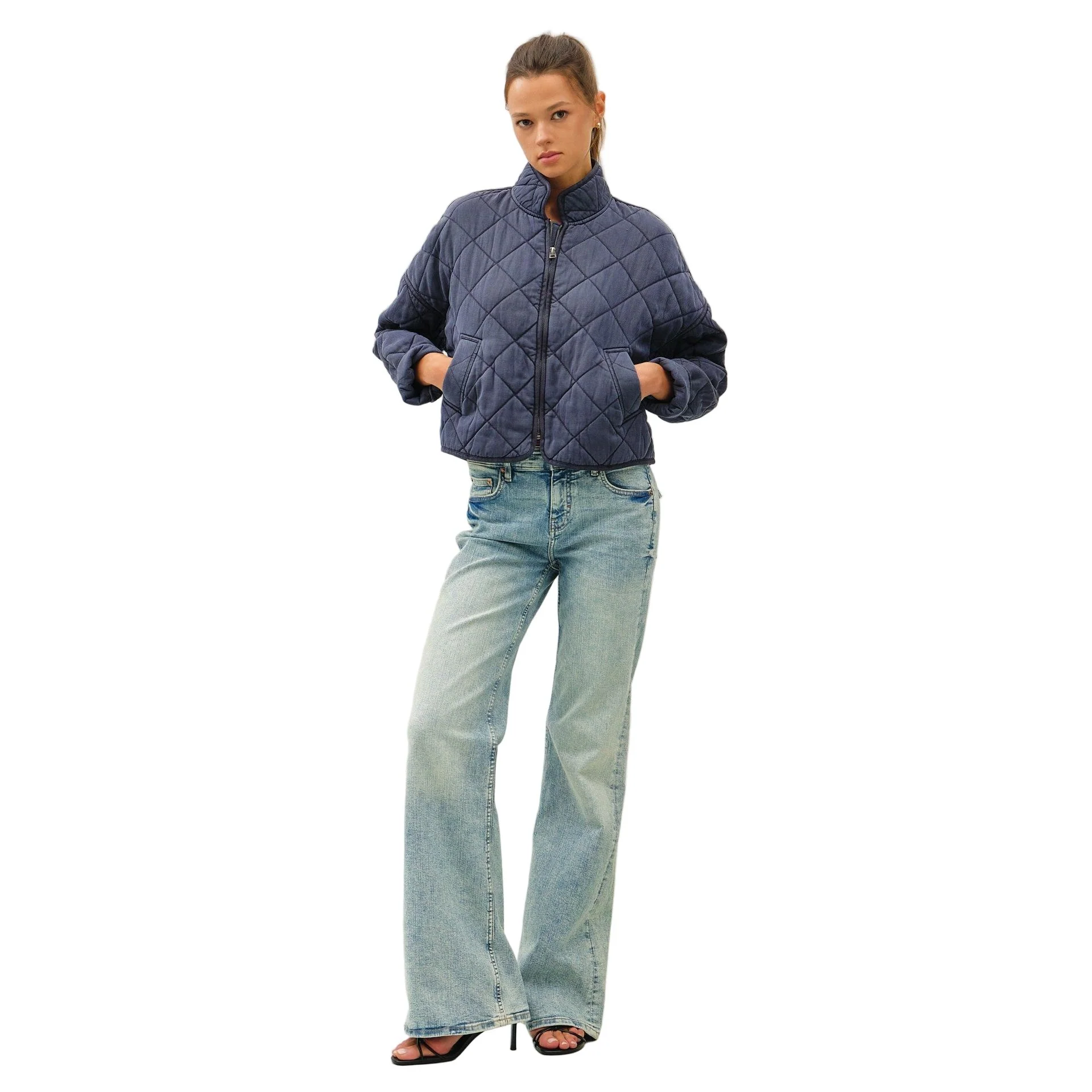 Women's Charcoal Blue Garment Washed Quilt Crop Jacket 31566 - Image 2