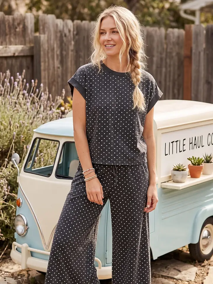 Women's Charcoal Mini Polka Dot Scuba Lounge Set