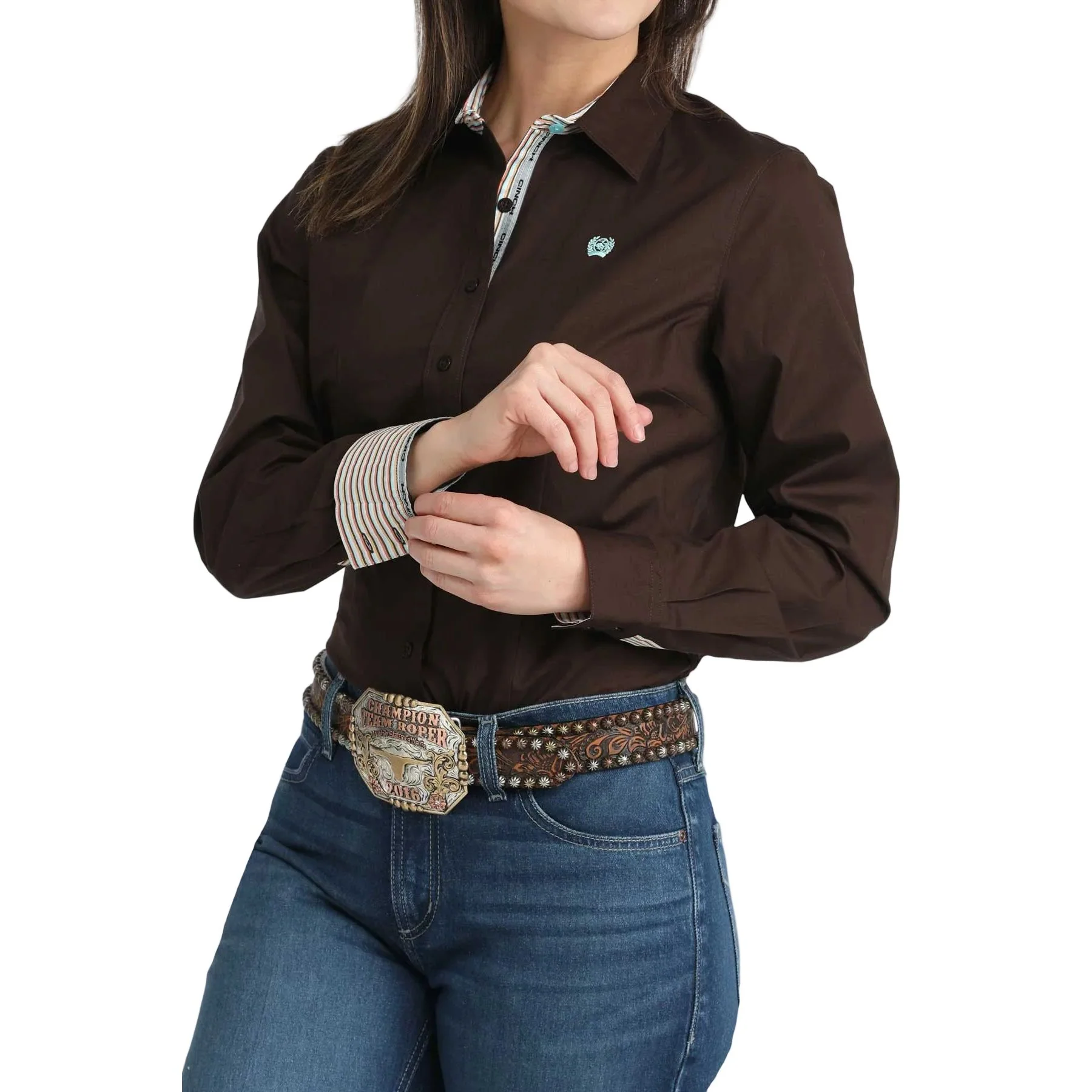 Women's Cinch Brown Button Down Long Sleeve Shirt MSW9165086 - Image 2