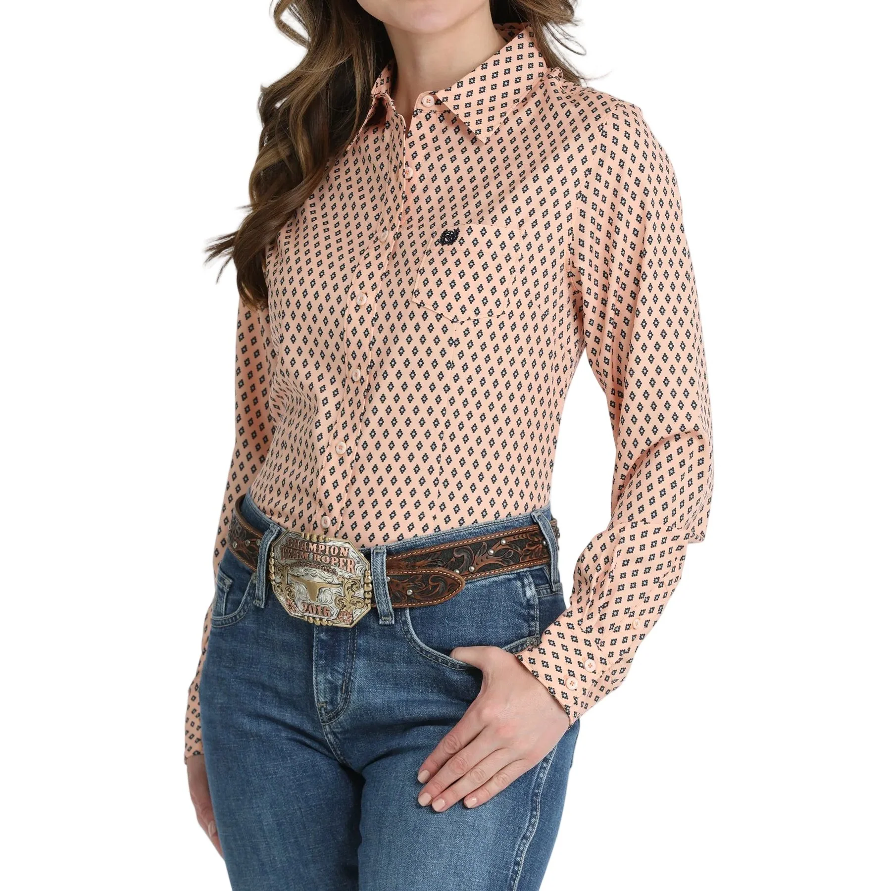 Women's Cinch Peach Print Arena Flex Long Sleeve Button Up MSW9164270 - Image 4