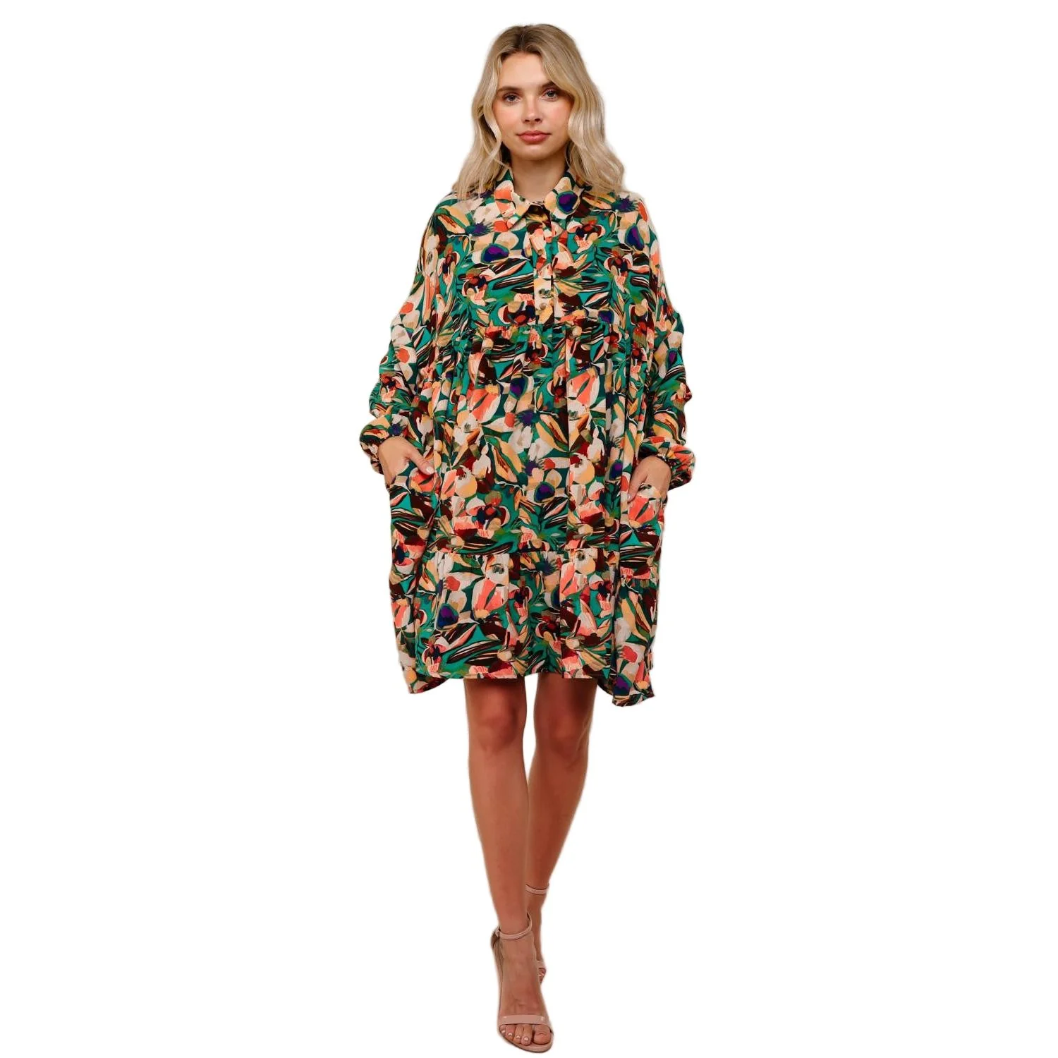 Women's Collared Floral Dress with Ruffle - Image 2