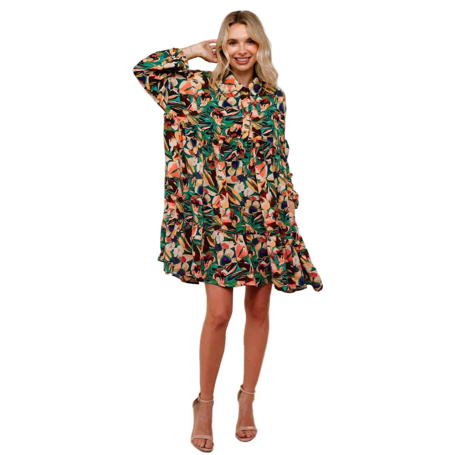 Women's Collared Floral Dress with Ruffle - Image 5