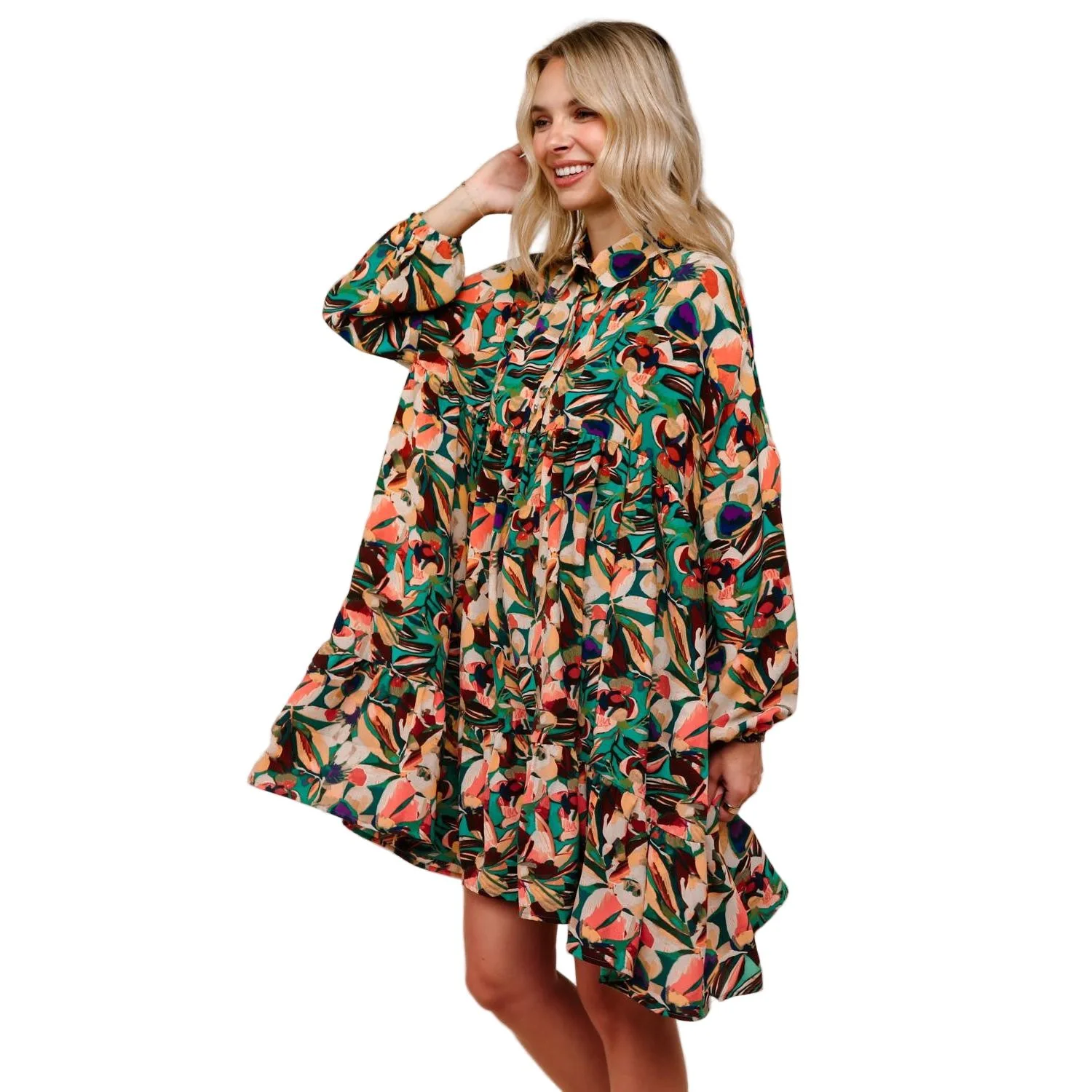 Women's Collared Floral Dress with Ruffle - Image 8