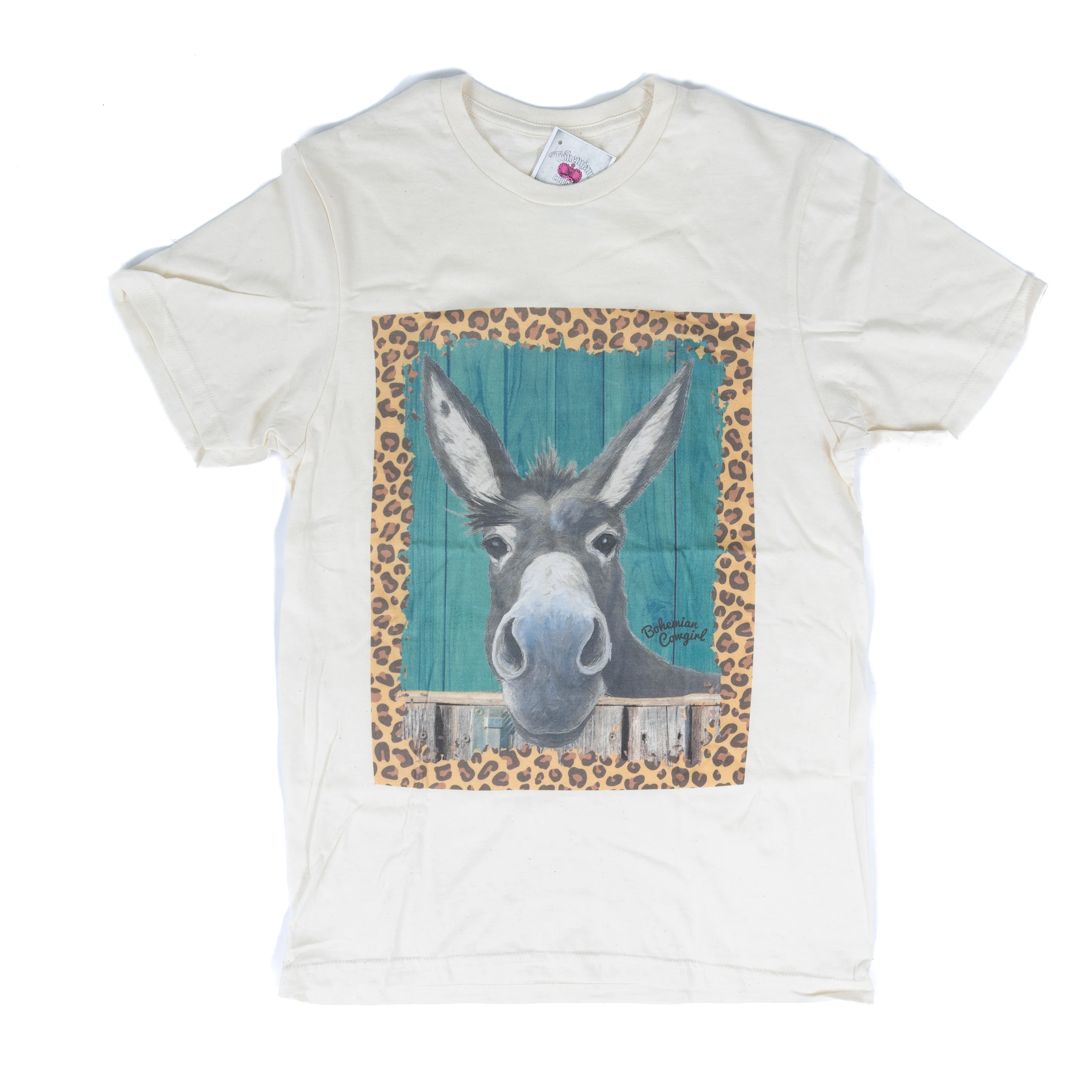 Women's Cream Short Sleeve Donkey Cheetah Print Frame T-shirt