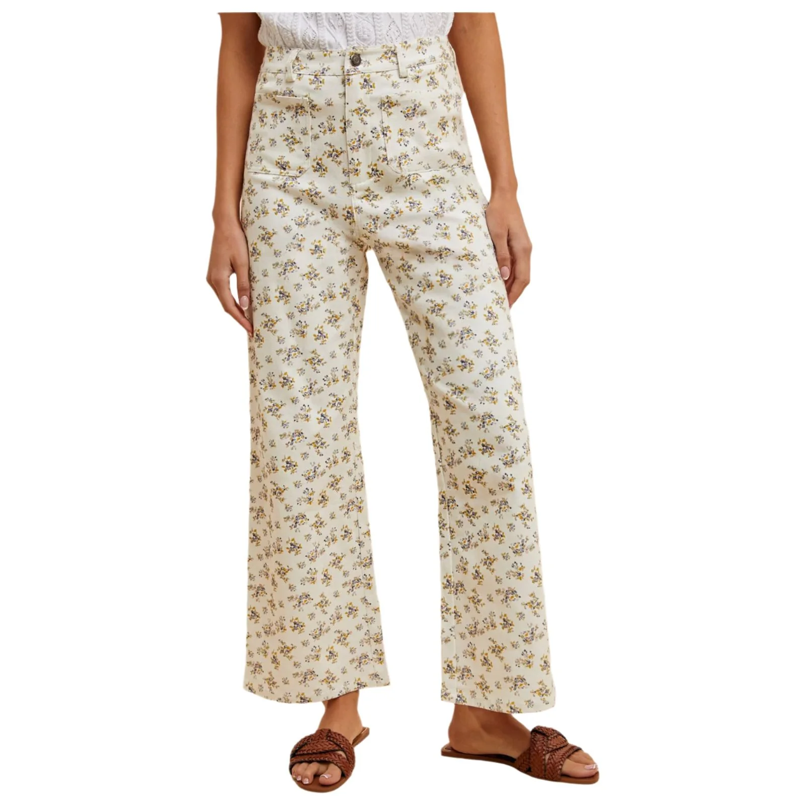 Women's Ditsy Printed Front Pocket Stretch Wide Leg Jeans
