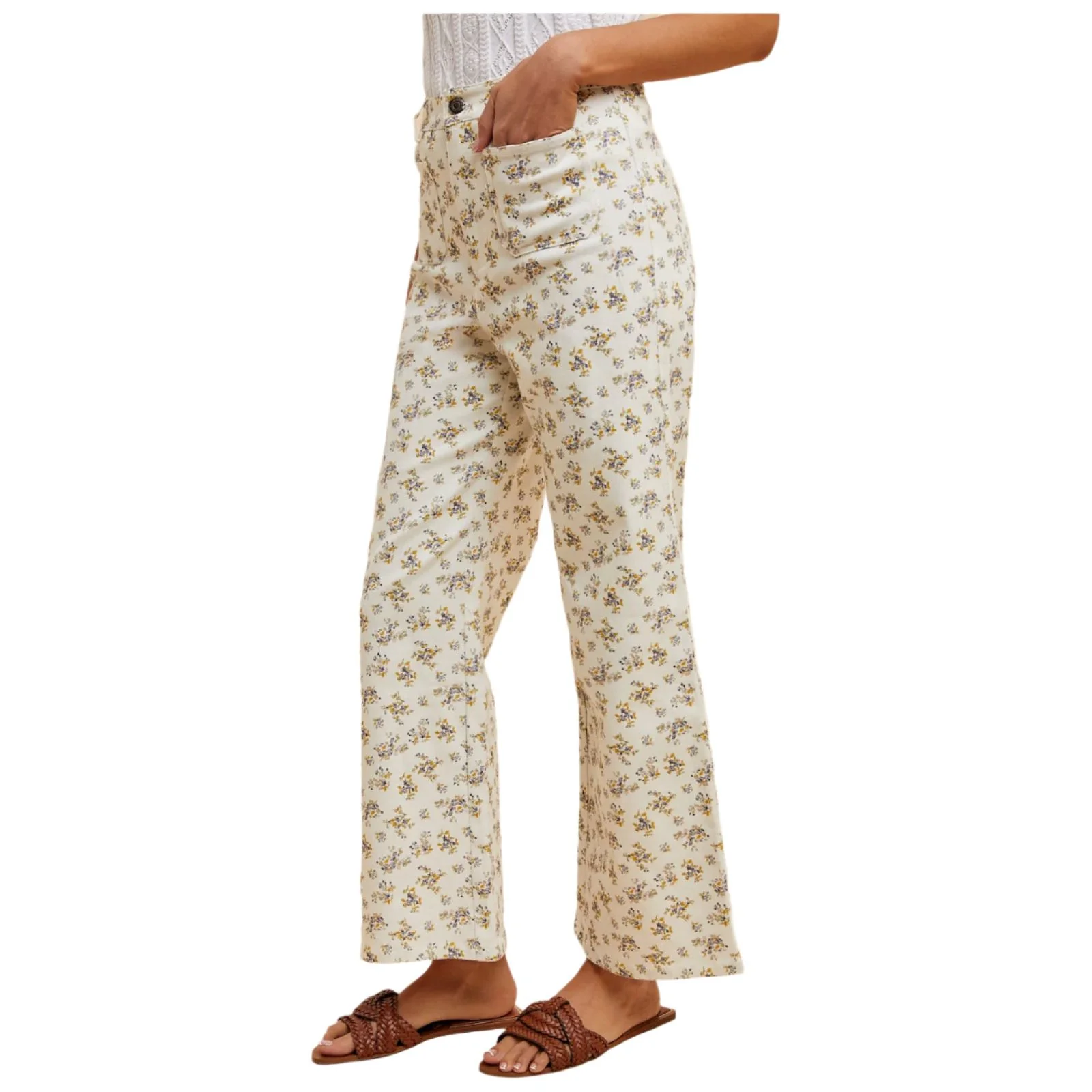 Women's Ditsy Printed Front Pocket Stretch Wide Leg Jeans - Image 2