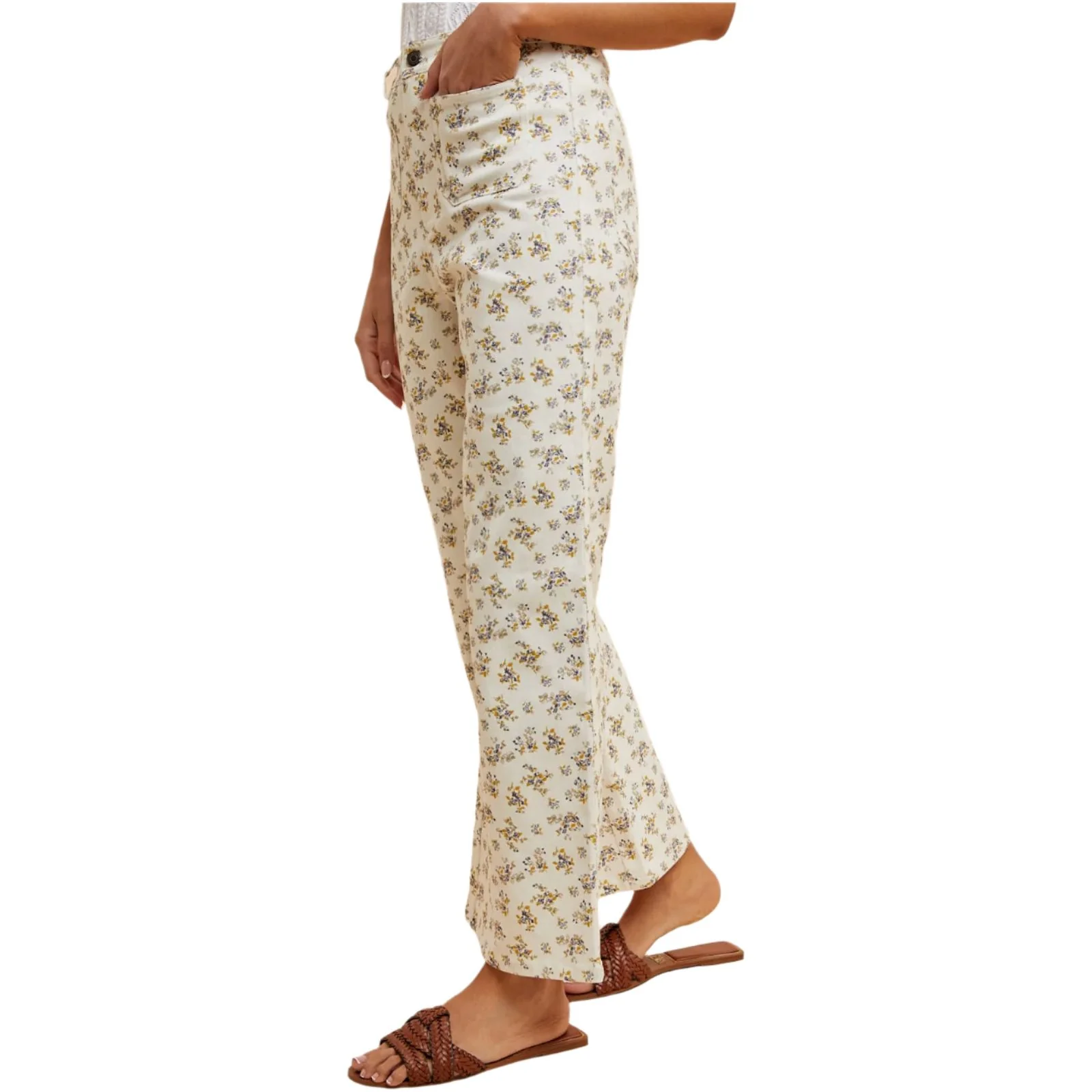 Women's Ditsy Printed Front Pocket Stretch Wide Leg Jeans - Image 3