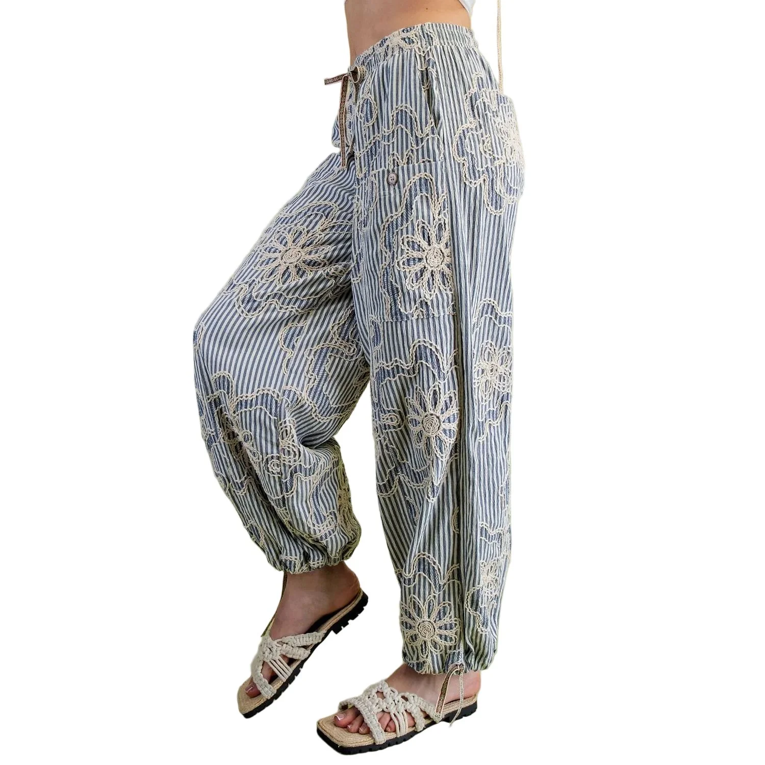 Women's Easel Denim Blue Embroidery Striped Woven Pants SB600018 - Image 3