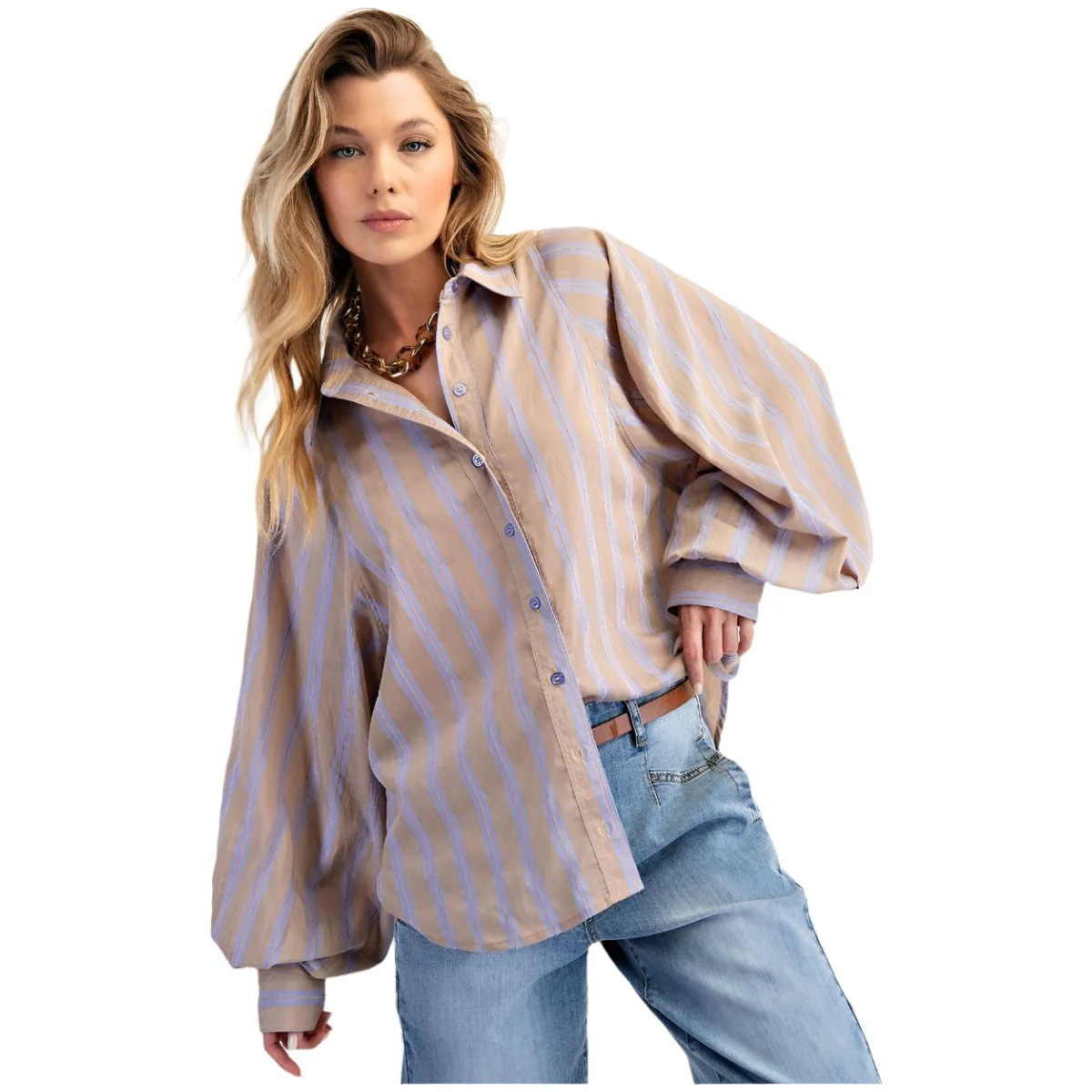 Women's Easel Long Balloon Sleeve Button Up Shirt ET71734
