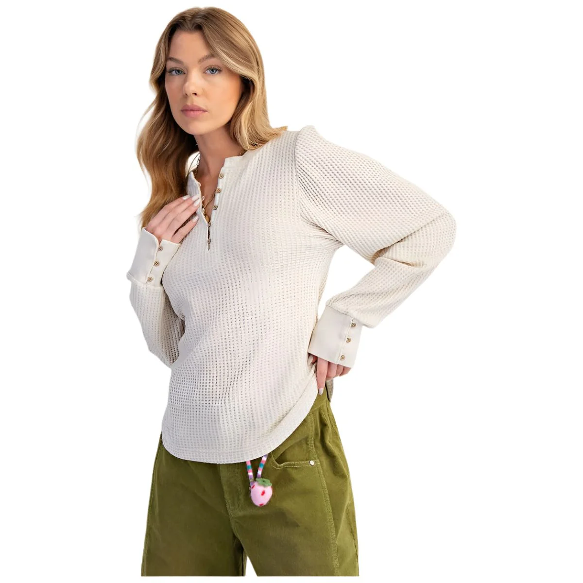 Women's Easel Long Sleeve Washed Thermal Henley Top ET71658 - Image 4