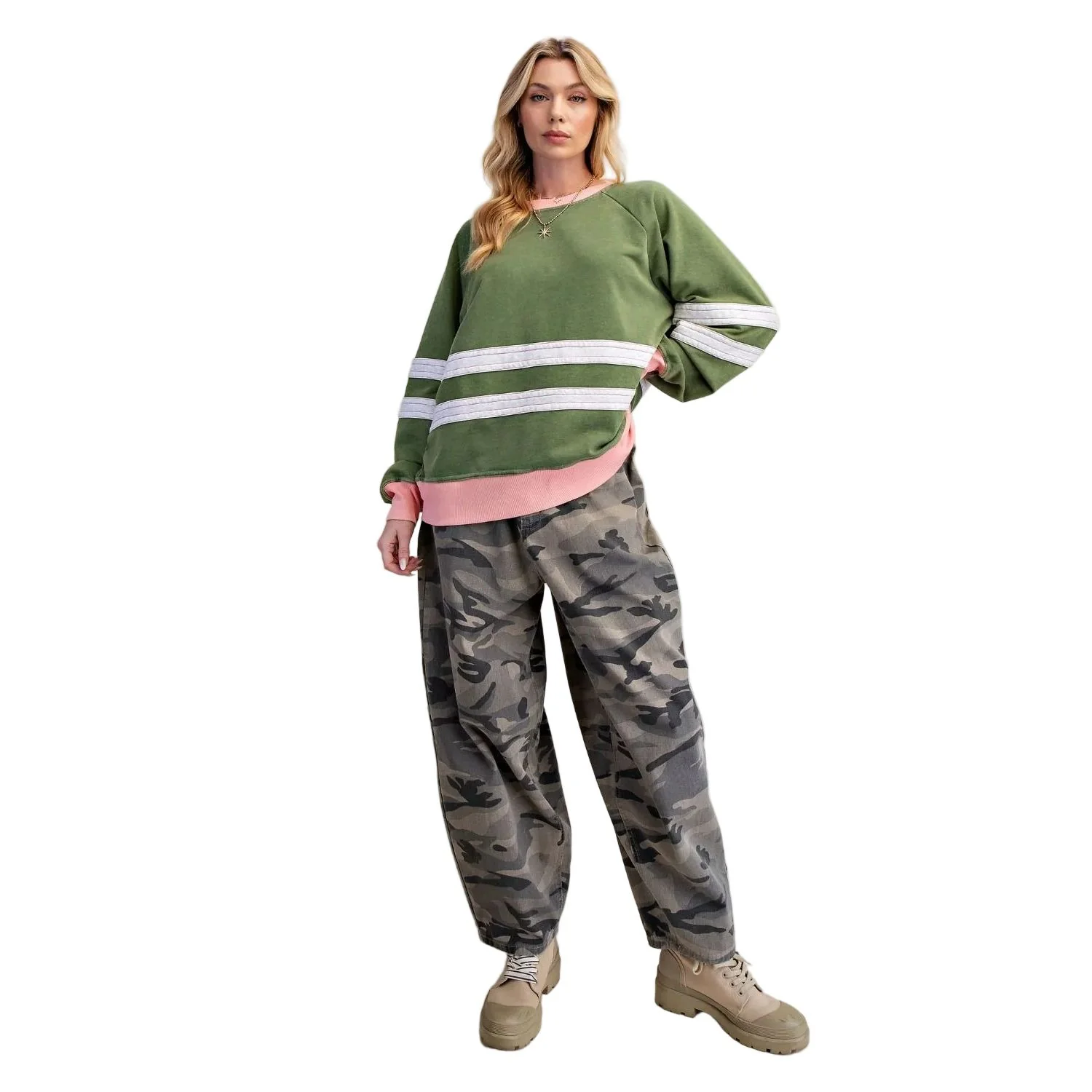 Women's Easel Matcha Green Color Mix Washed Terry Pullover ET29575 - Image 2