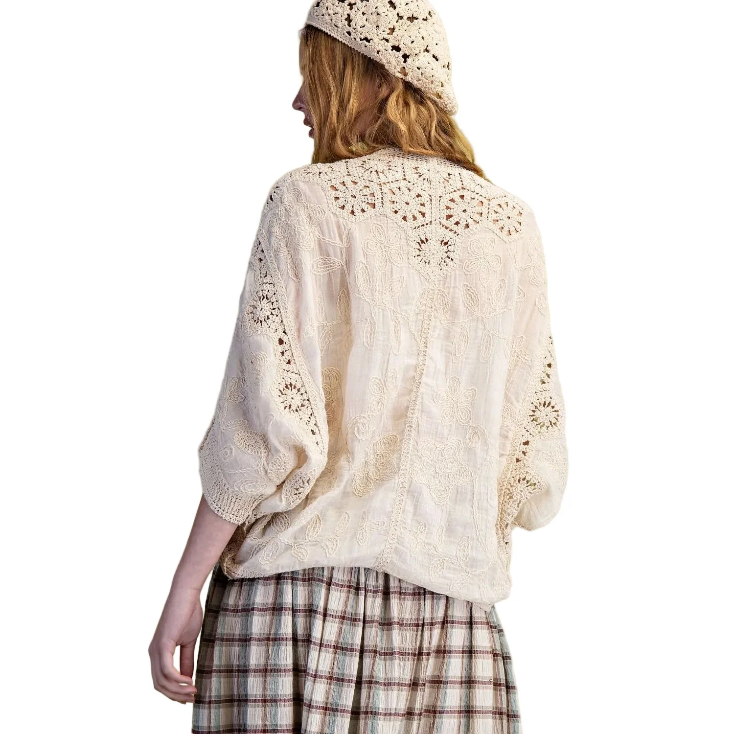 Women's Easel Natural Dolman Sleeves Crochet Mix Button Front Blouse ST100070 - Image 2