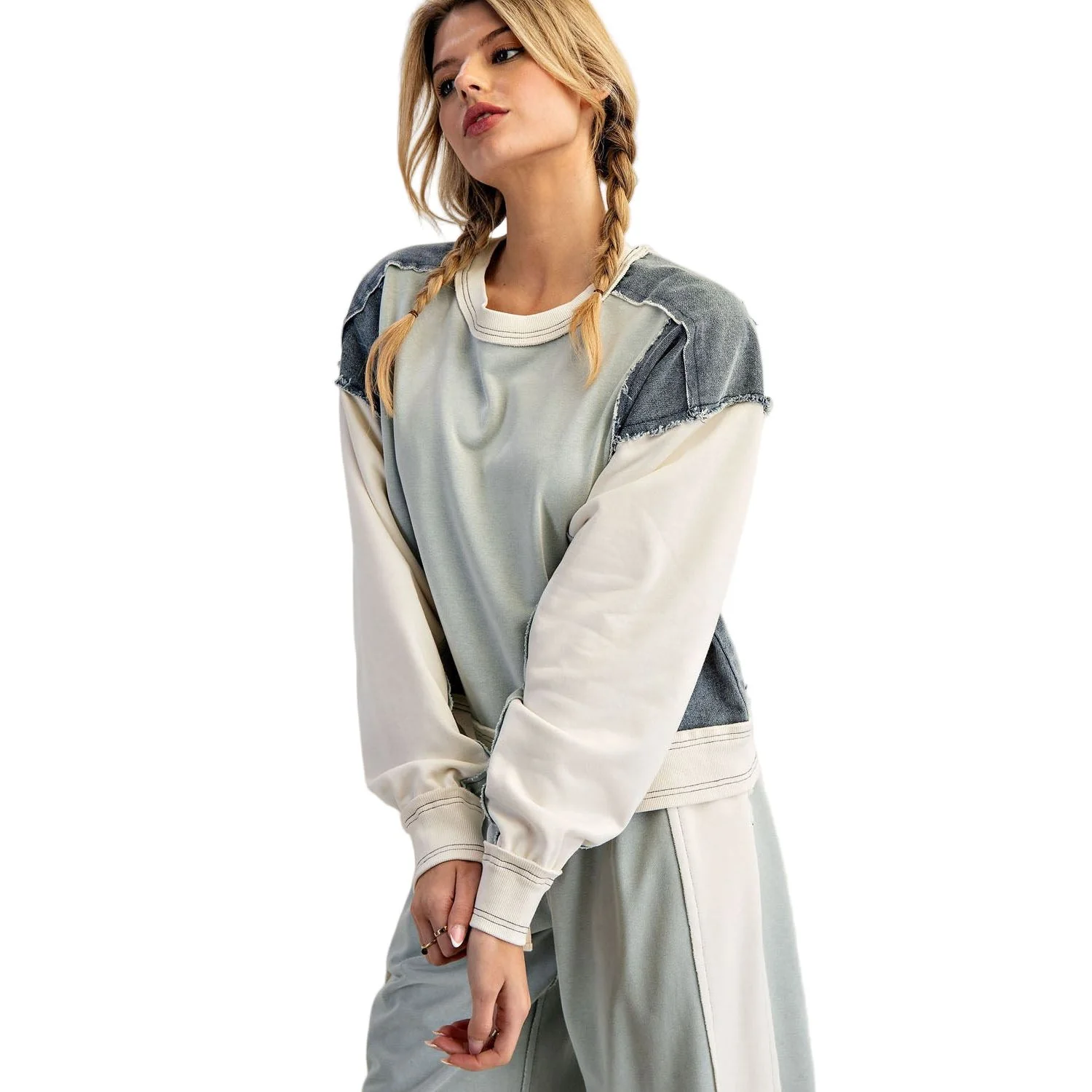 Women's ee:some Frayed Color Block Long Sleeve Pullover - Image 3