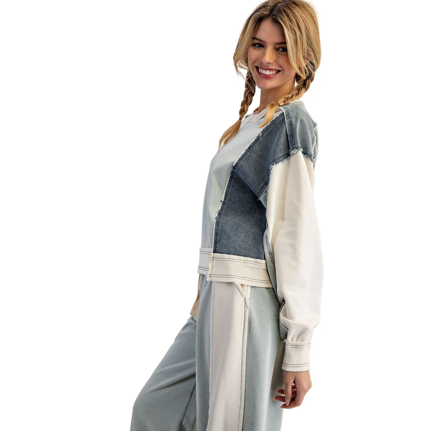 Women's ee:some Frayed Color Block Long Sleeve Pullover - Image 6