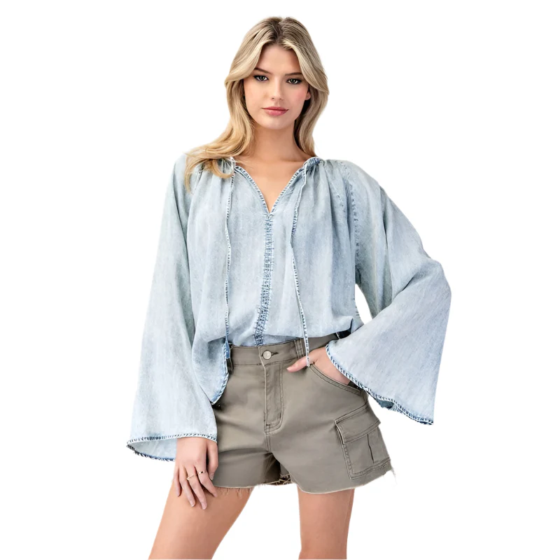Women's ee:some Mineral Washed Bell Sleeve Denim Top