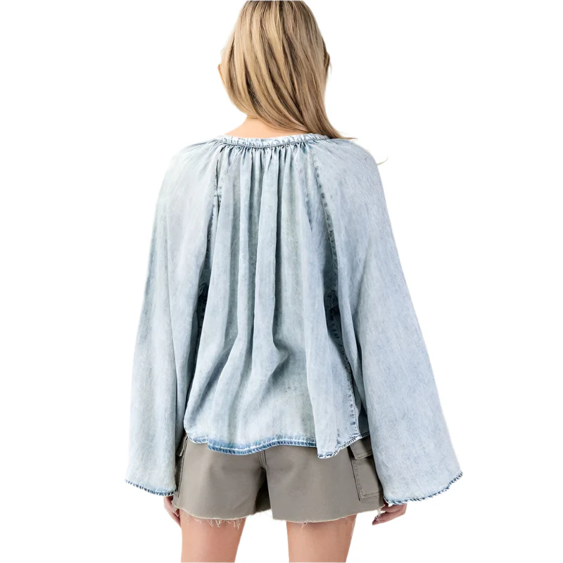 Women's ee:some Mineral Washed Bell Sleeve Denim Top - Image 7