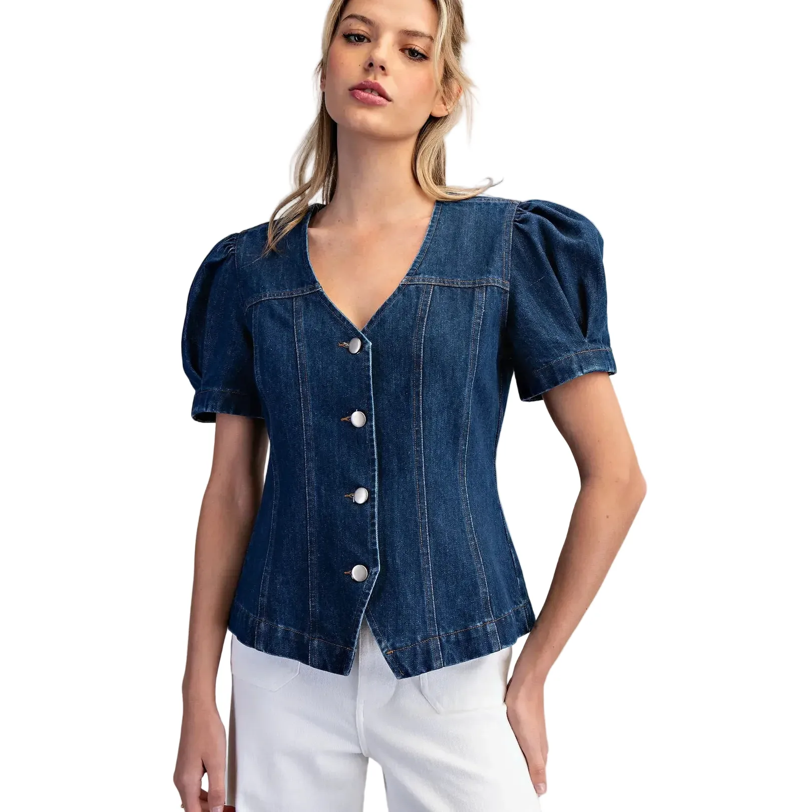 Women's ee:some Mineral Washed Puff Sleeve Denim Top JH15554-DENIM - Image 2