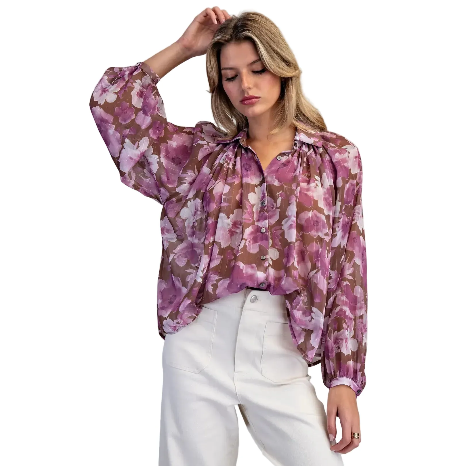 Women's ee:some Orchid Brown Floral Printed Button Down Blouse TK16118-ORCHIDBRN - Image 4