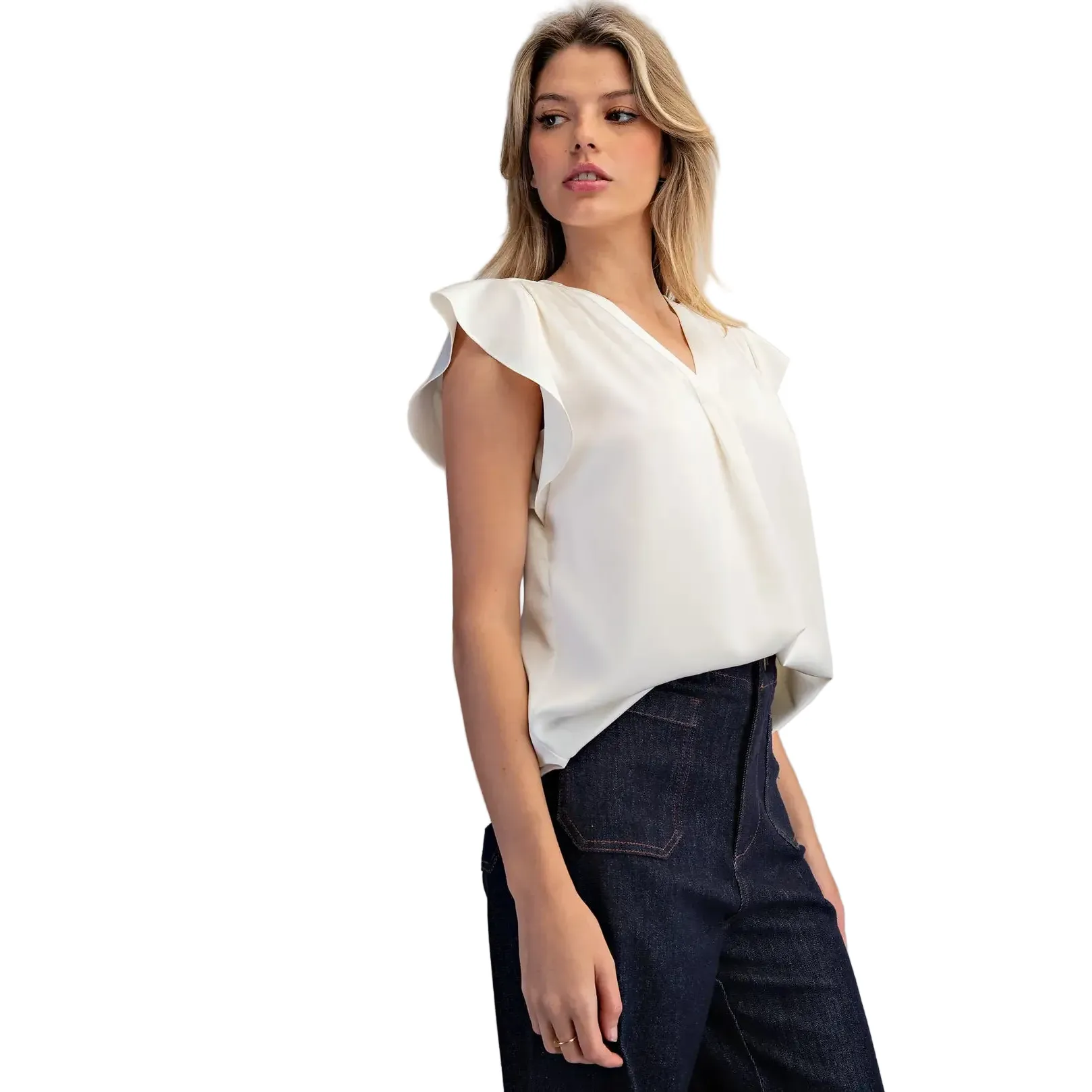Women's ee:some Pearl White V-neck Flutter Sleeve Blouse TK16071-PEARL - Image 3