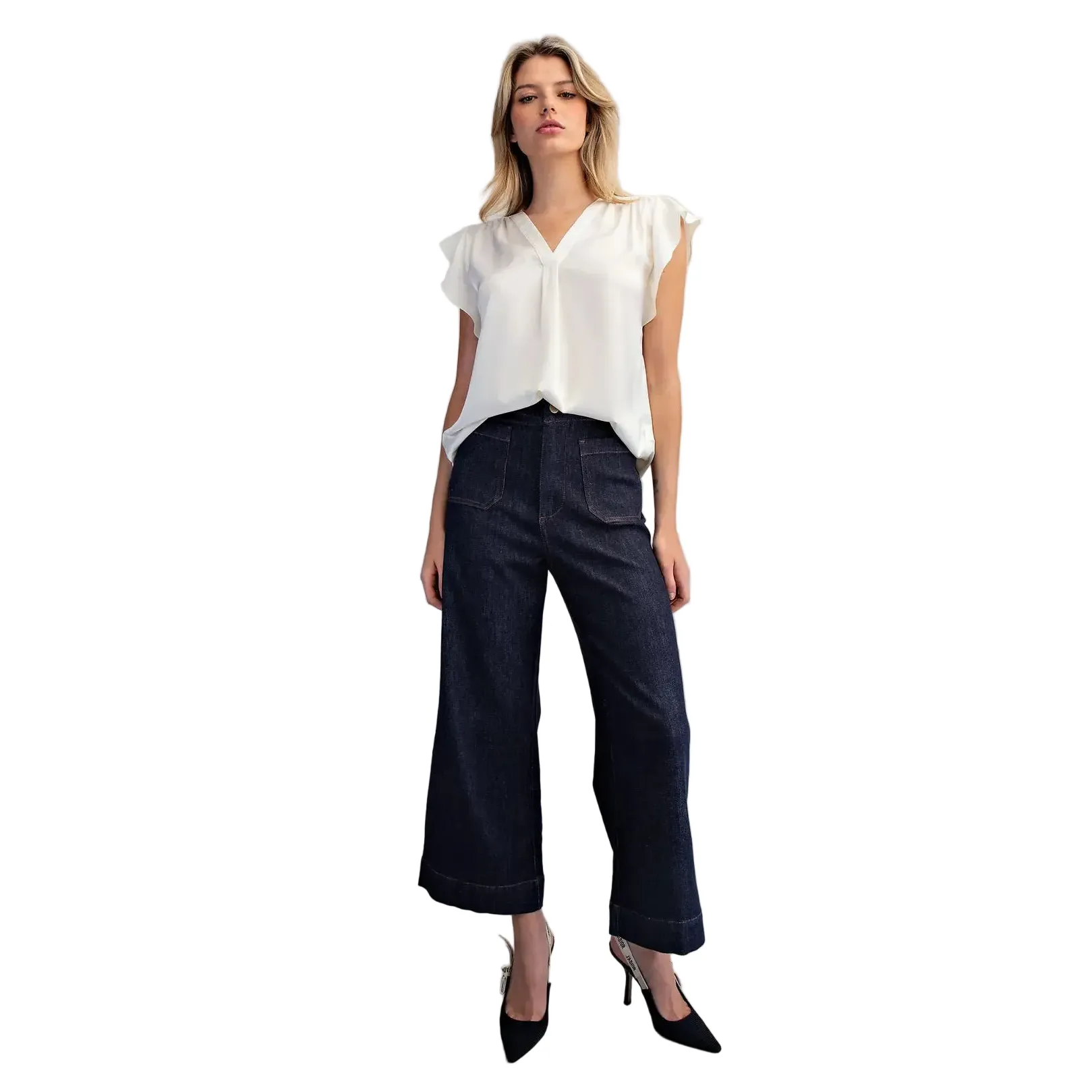 Women's ee:some Pearl White V-neck Flutter Sleeve Blouse TK16071-PEARL - Image 5