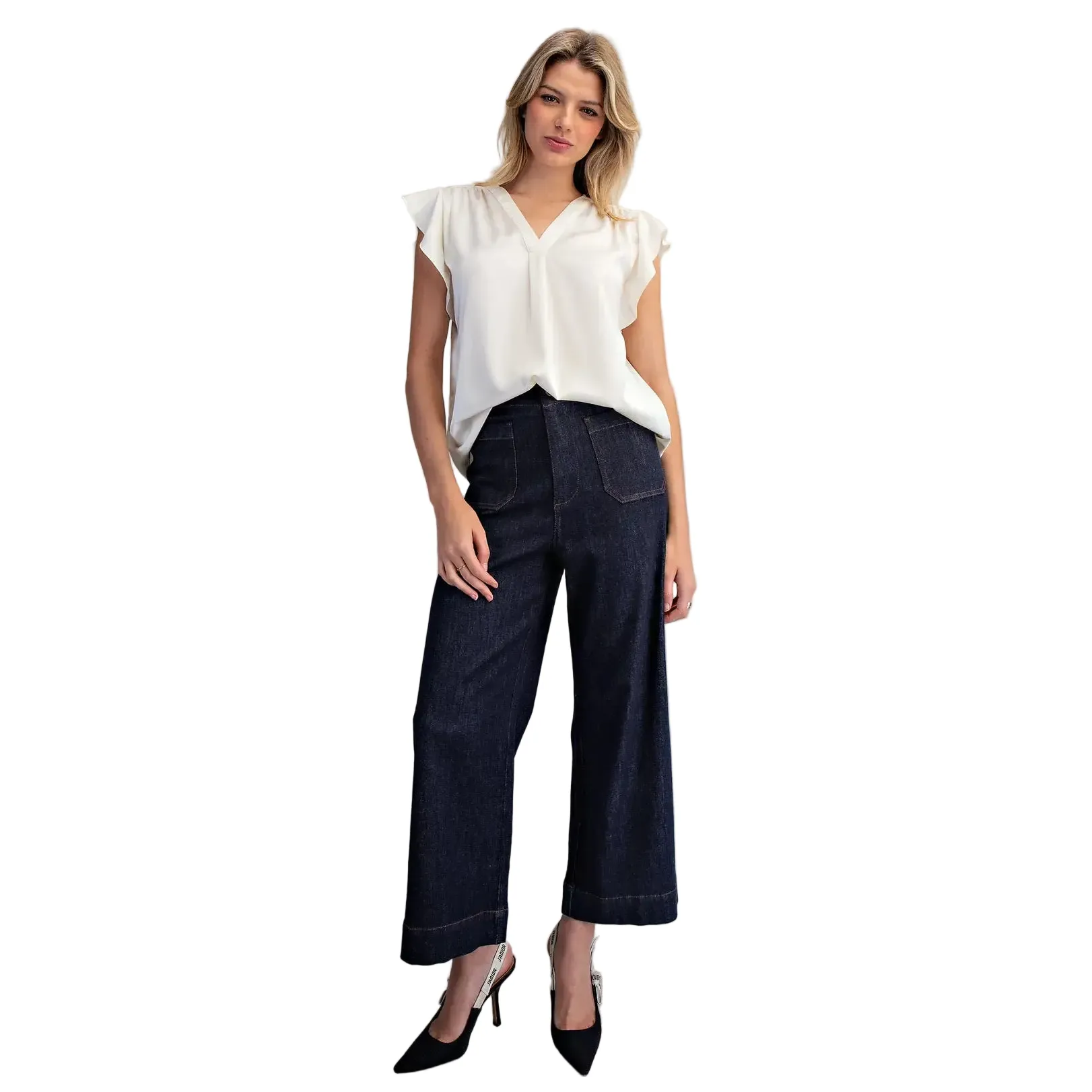 Women's ee:some Pearl White V-neck Flutter Sleeve Blouse TK16071-PEARL - Image 6