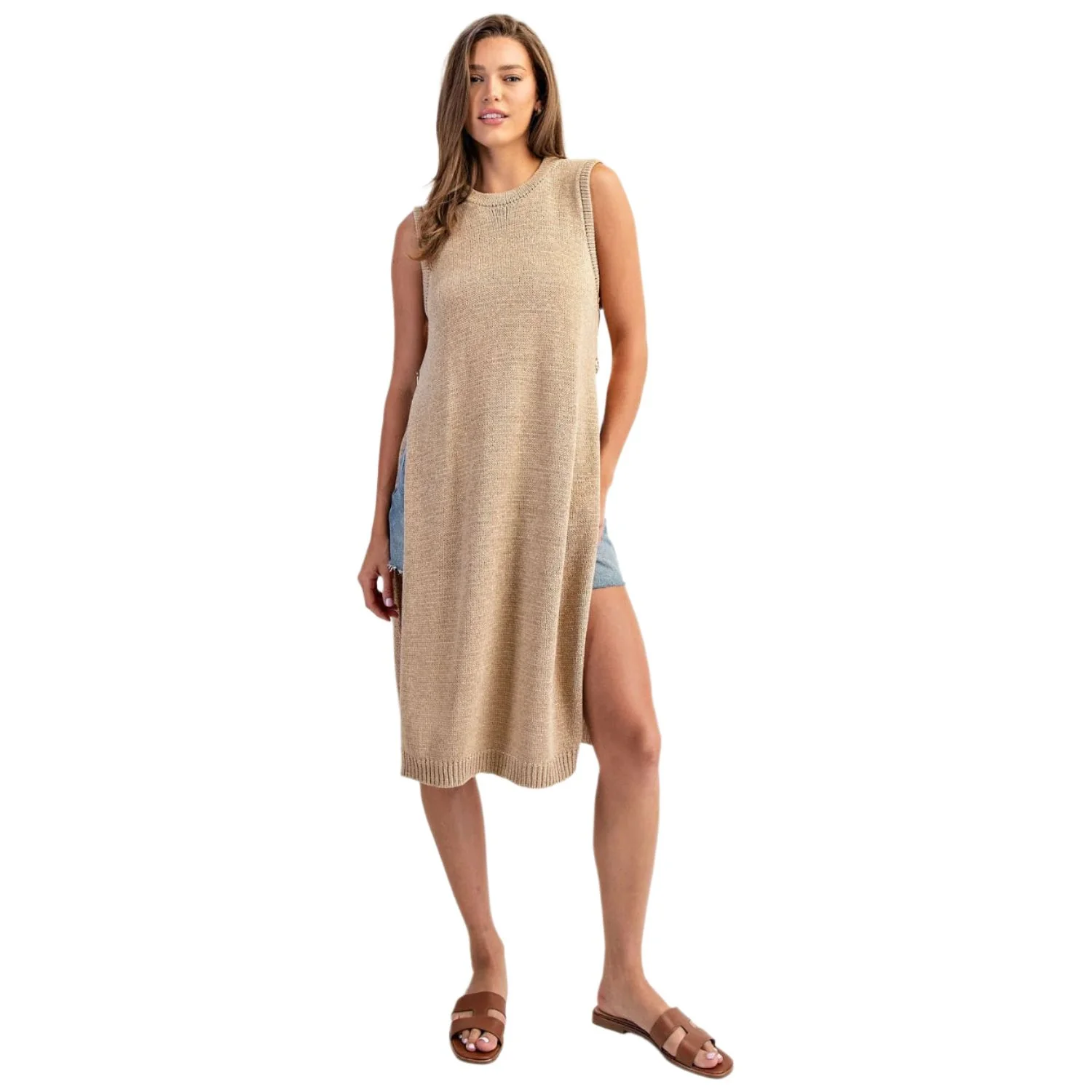 Women's ee:some Side Button Sleeveless Open Longline Sweater - Image 3