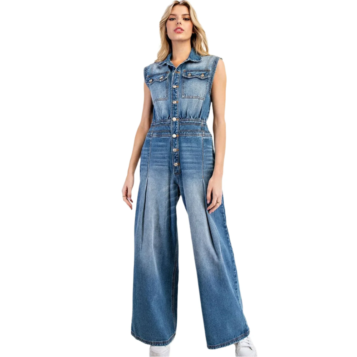 Women's ee:some Snow Washed Casual Button Down Jumpsuit - Image 4