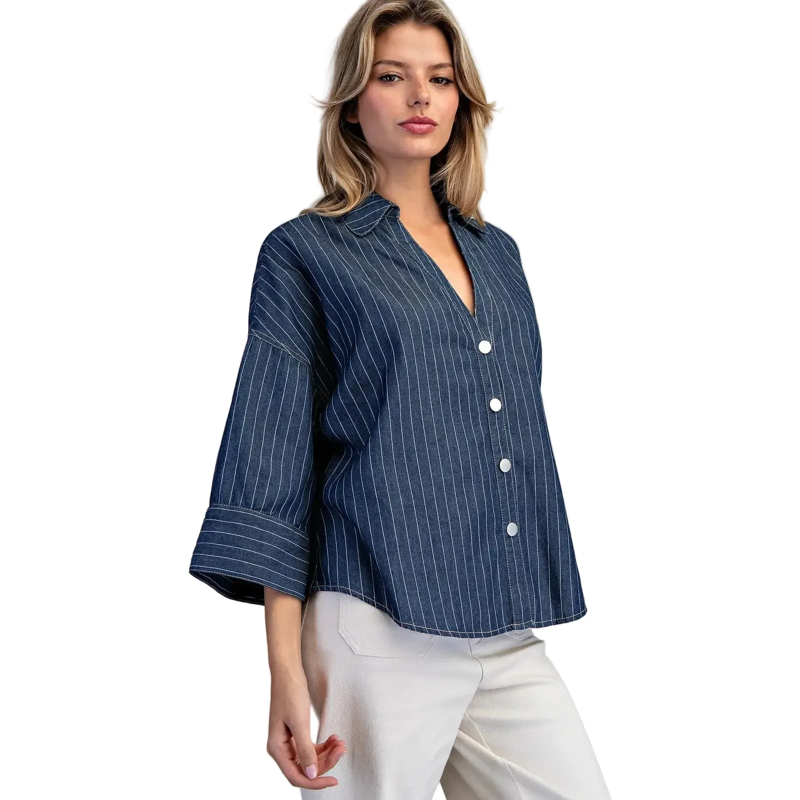 Women's ee:some Striped Button Down Back Pleat Blouse TK16072-DKDNM - Image 7