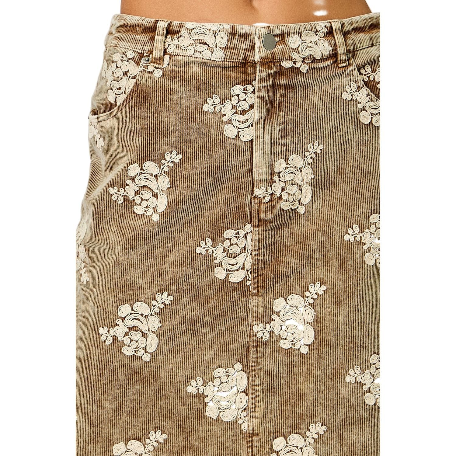 Women's Embroidered Front Slit Corduroy Skirt - Image 5