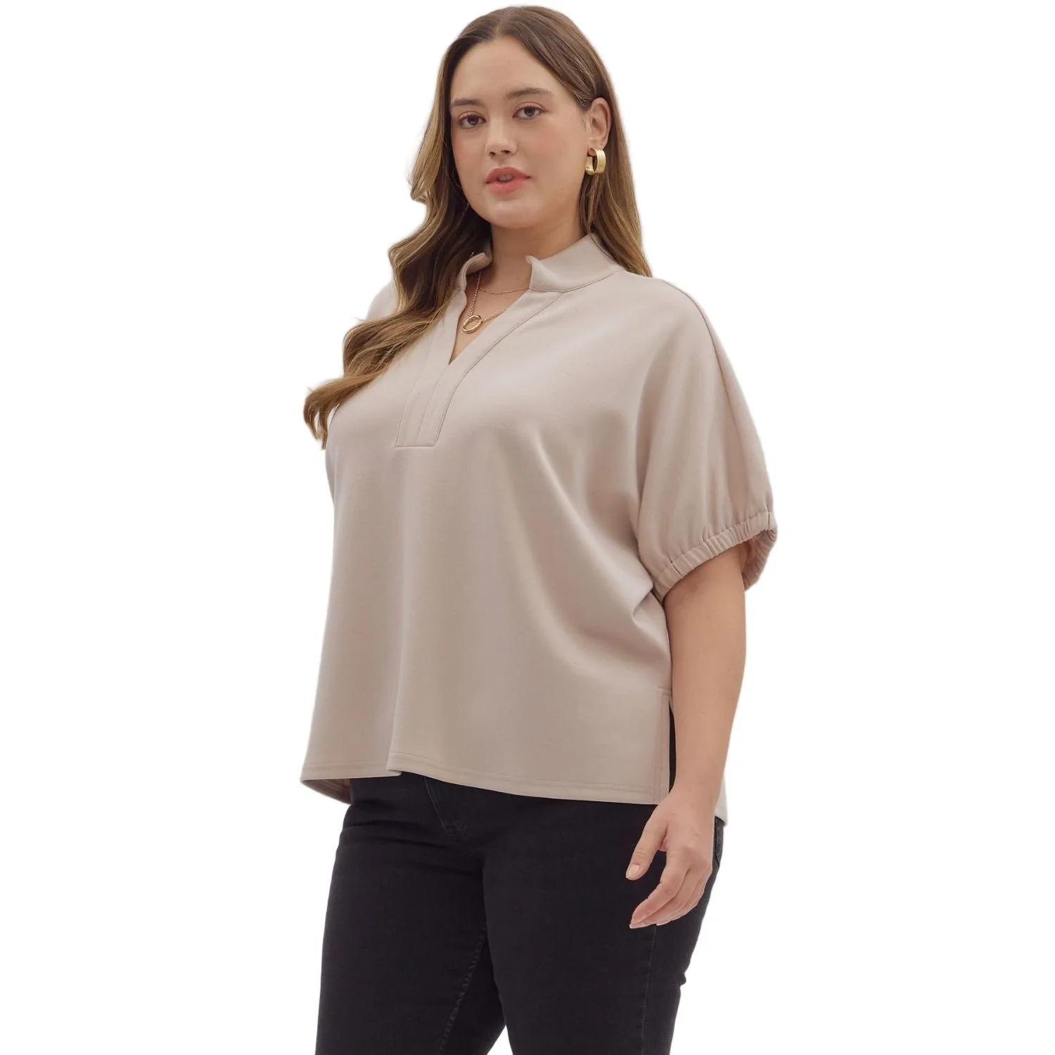 Women's Entro Almond Solid Short Sleeve V-neck Top T28724P - Image 2