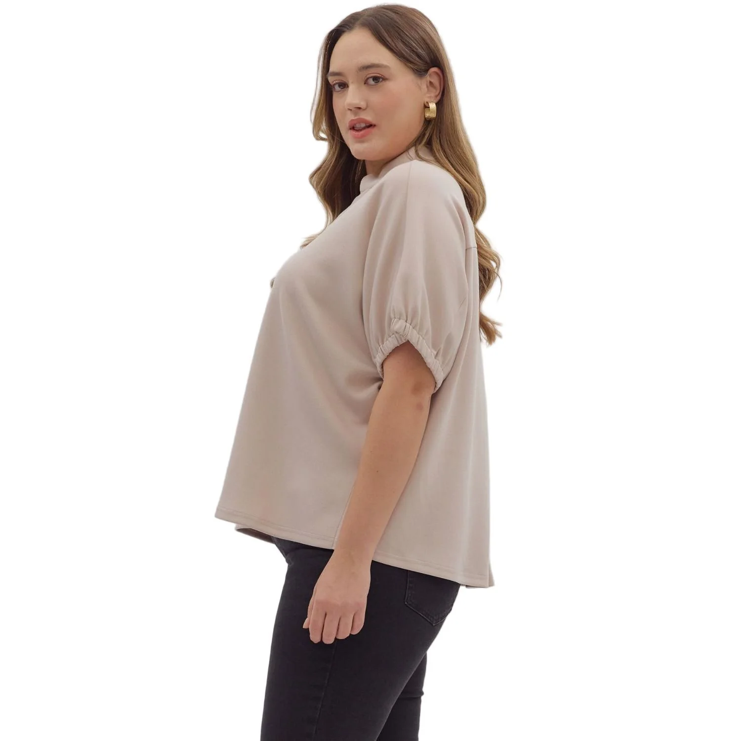 Women's Entro Almond Solid Short Sleeve V-neck Top T28724P - Image 3