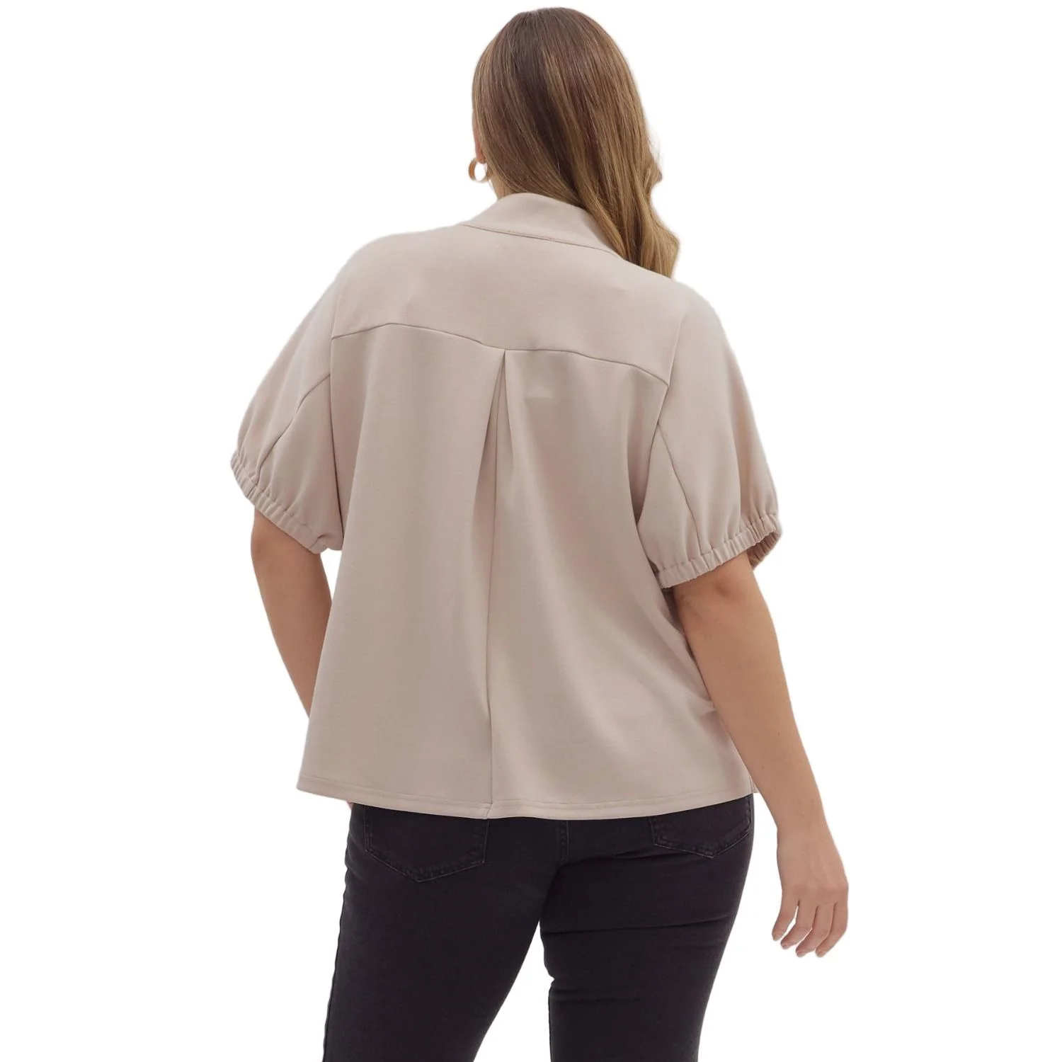 Women's Entro Almond Solid Short Sleeve V-neck Top T28724P - Image 4